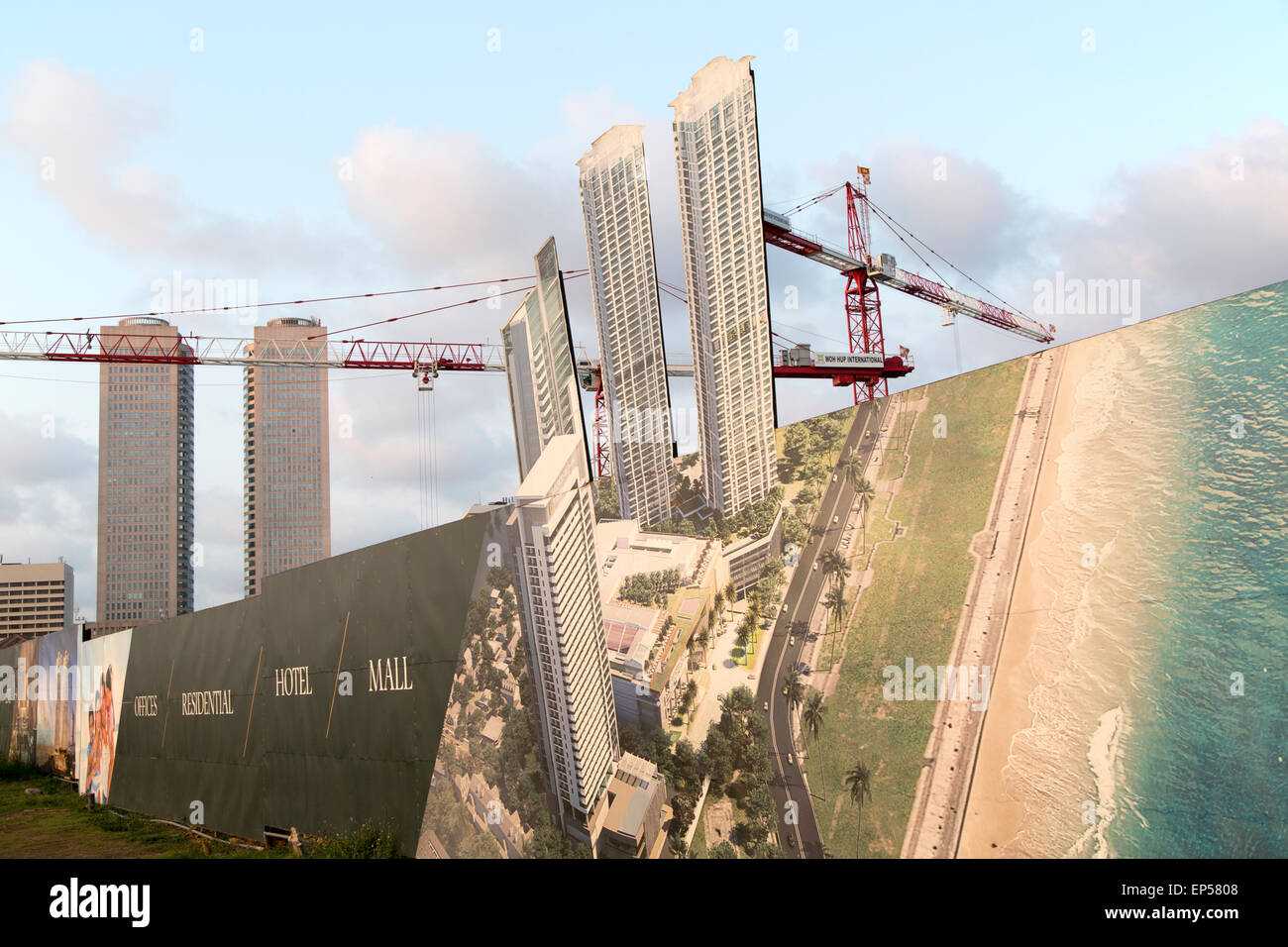 Baustelle Gebäude Aktivität Bild Plakat mit Kränen ordentlich Zwillingstürme des World Trade Center, Colombo, Sri Lanka, Asien Stockfoto