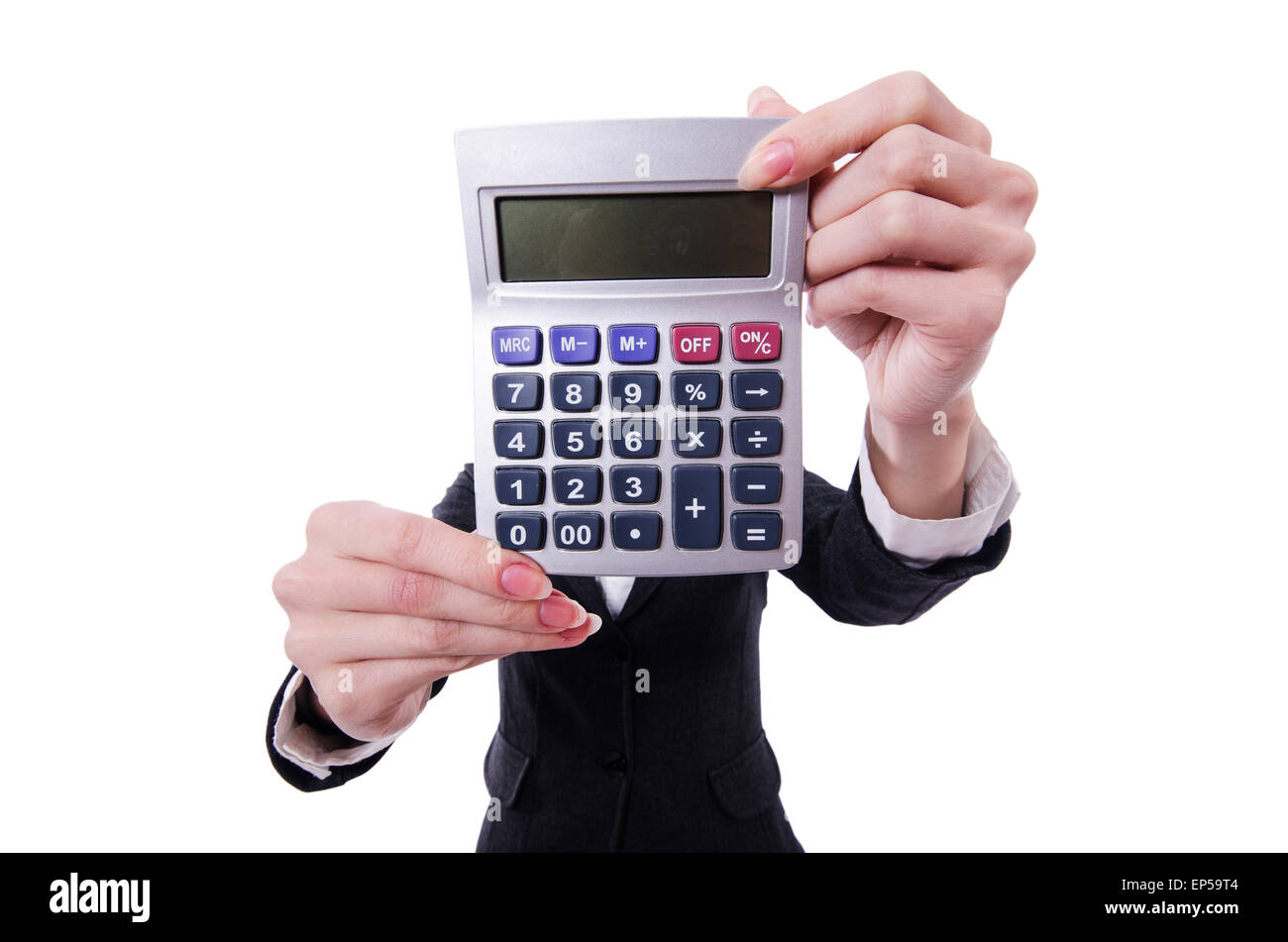 Lustige Buchhalter mit Taschenrechner auf weiß Stockfotografie - Alamy