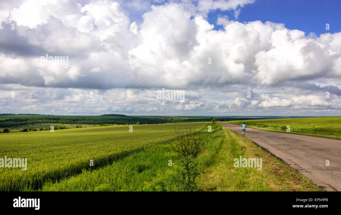 Allein der Mensch auf Landstraße im Weizenfeld mit Wolken Himmel anzeigen Stockfoto