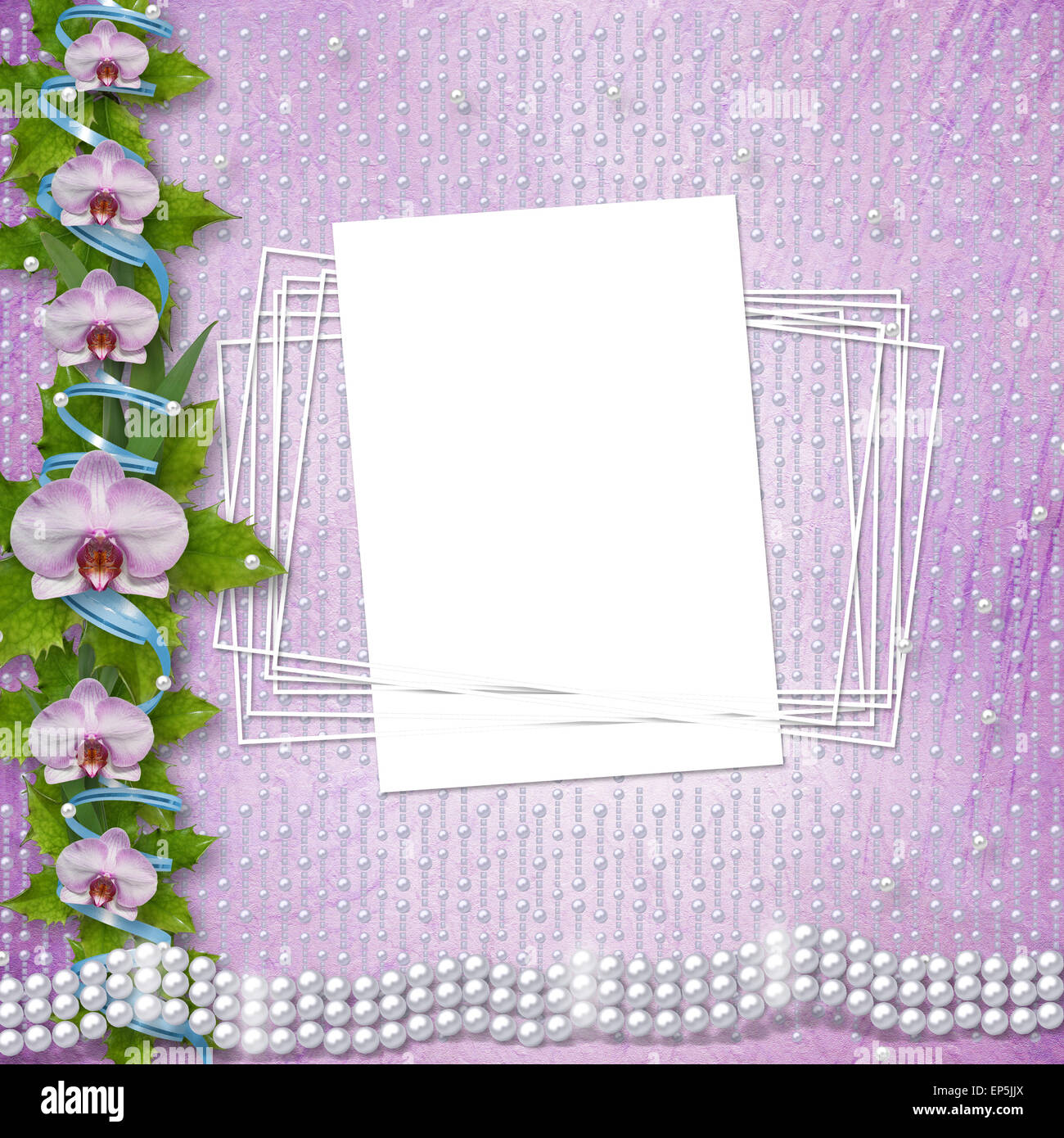 Grusskarte mit schönen Zweig Orchidee und Perlen für eine Hochzeit oder Geburtstag Stockfoto