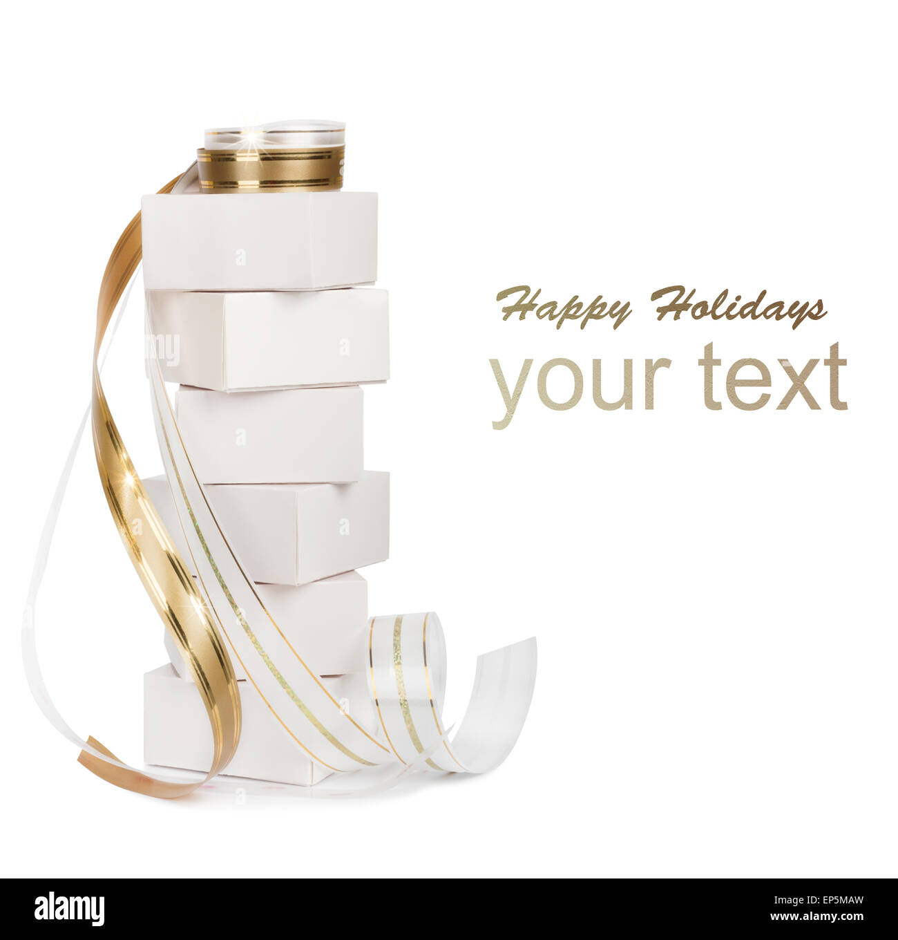 Geschenk-Boxen mit goldenen Bändern isoliert auf weißem Hintergrund Stockfoto