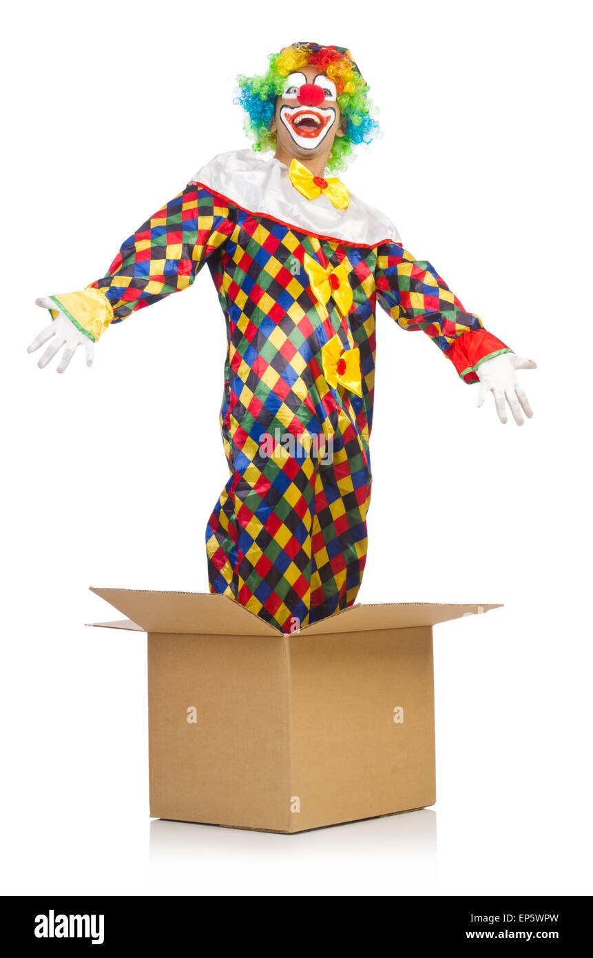 Clown springen out of the box Stockfoto