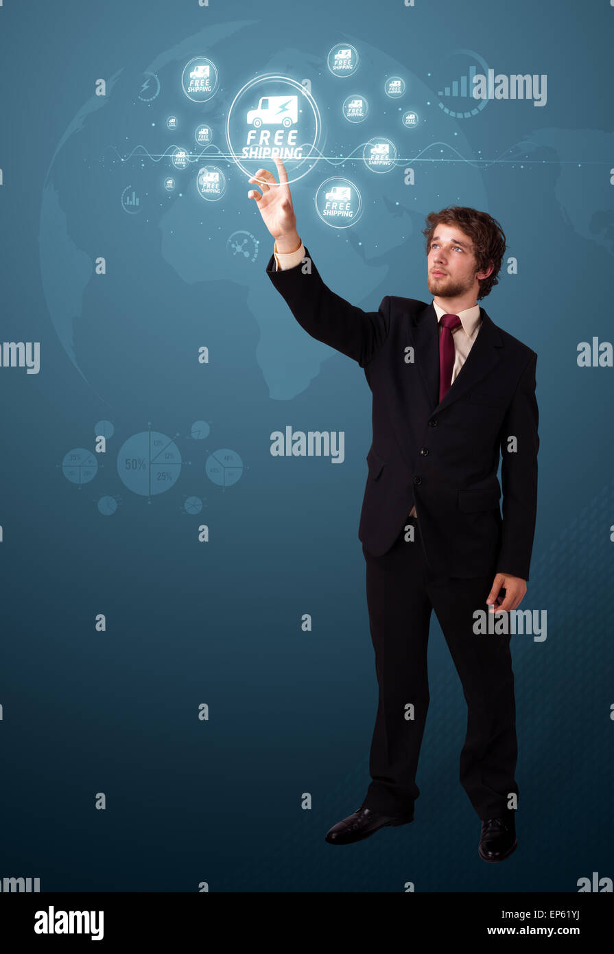 Geschäftsmann drücken virtuelle Werbung und Versandart der Symbole Stockfoto