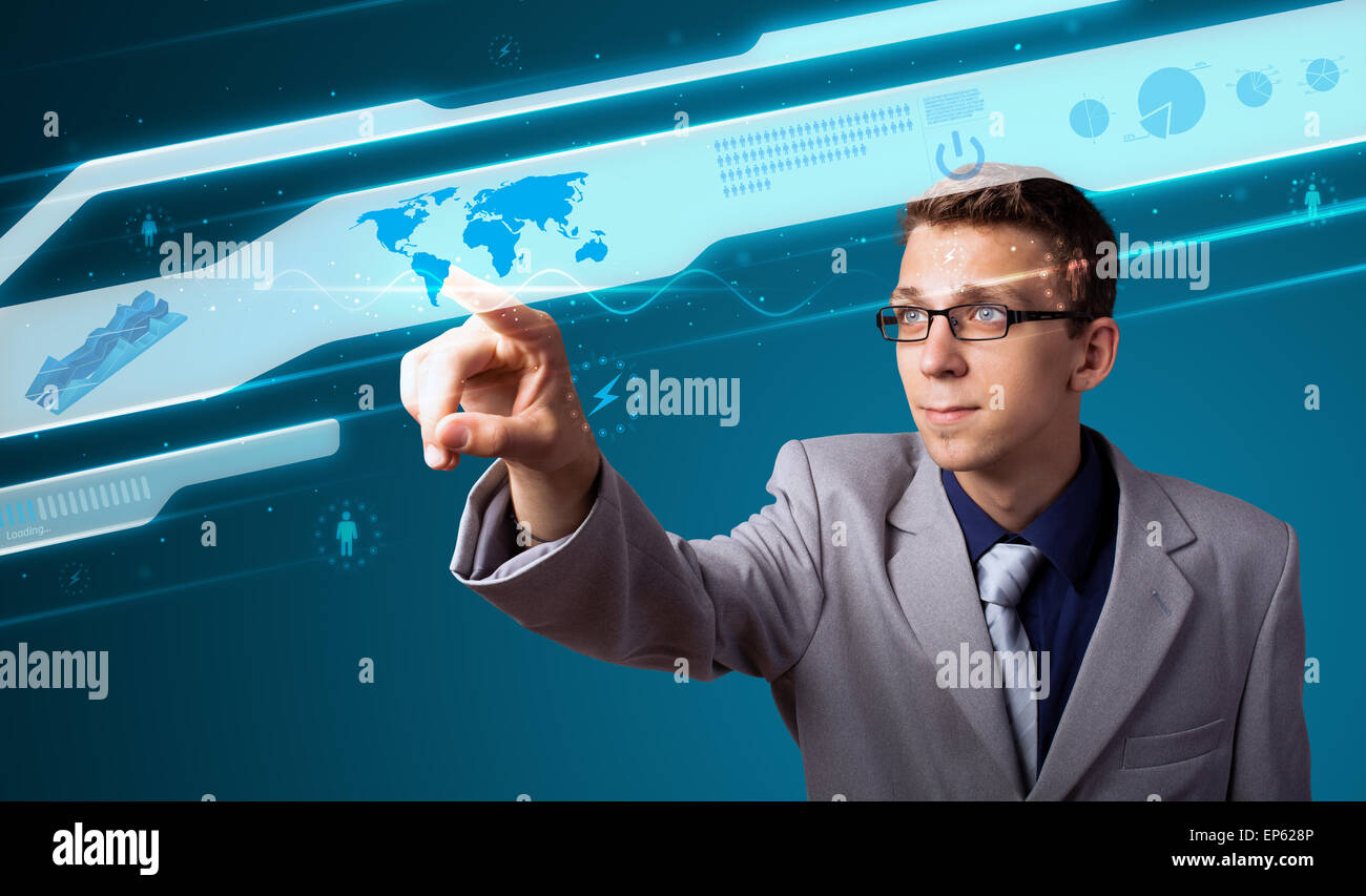 Geschäftsmann, High-Tech-Typ des modernen Tasten drücken Stockfoto