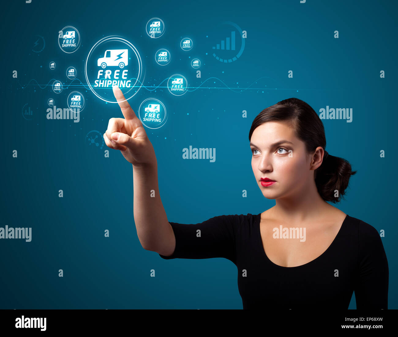 Geschäftsfrau drücken virtuelle Werbung und Versandart der Symbole Stockfoto