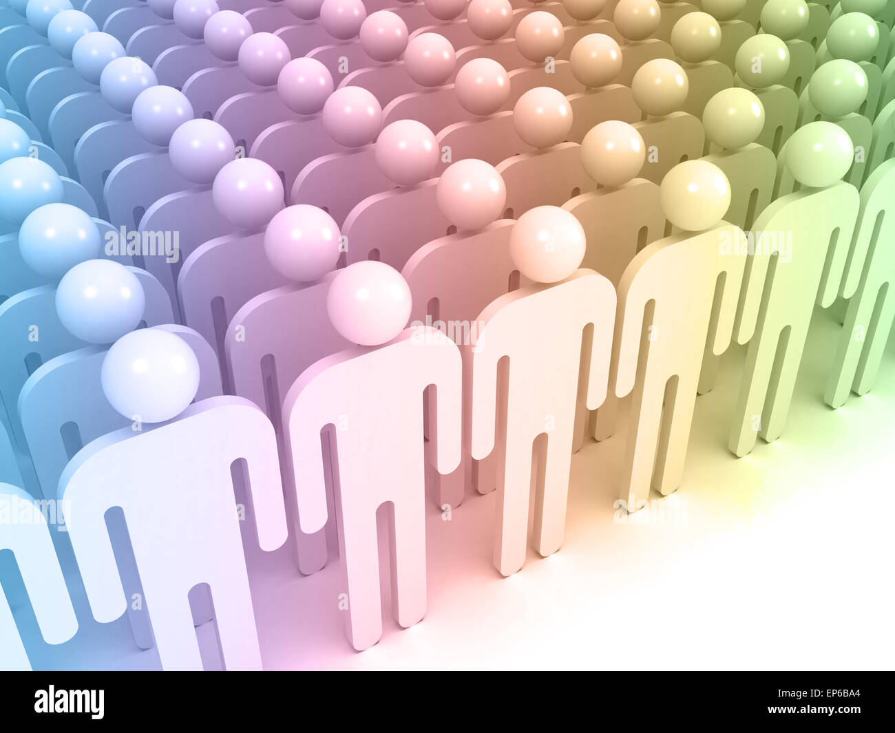 Schematische farbenfrohen abstrakten Menschen stehen in einem Array. Menge Konzept digitale 3d illustration Stockfoto