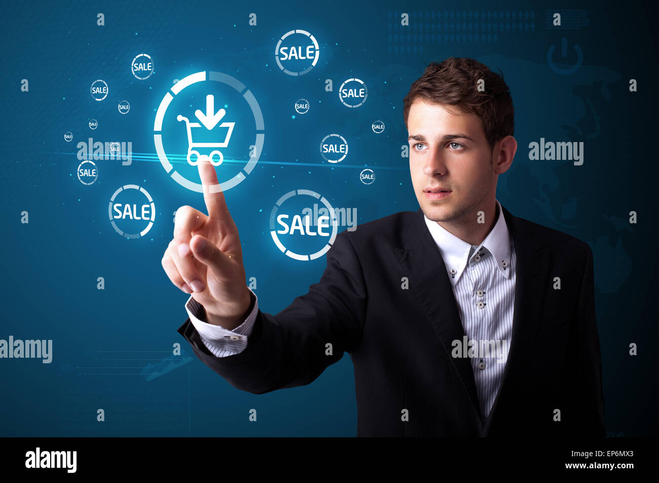 Geschäftsmann drücken virtuelle Werbung und Versandart der Symbole Stockfoto