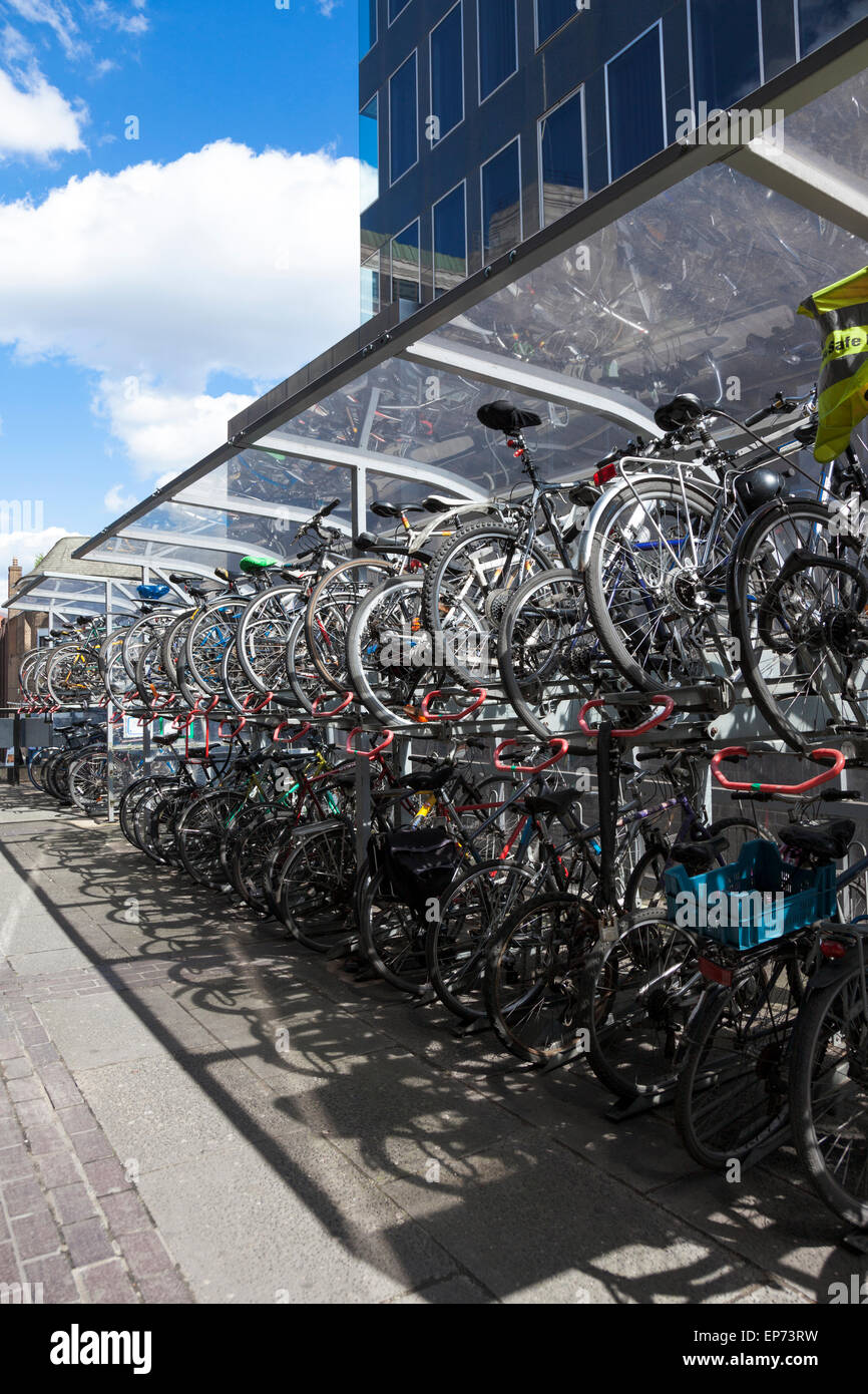Zwei Ebene Fahrrad-Parken an der Euston Station, London, England Stockfoto