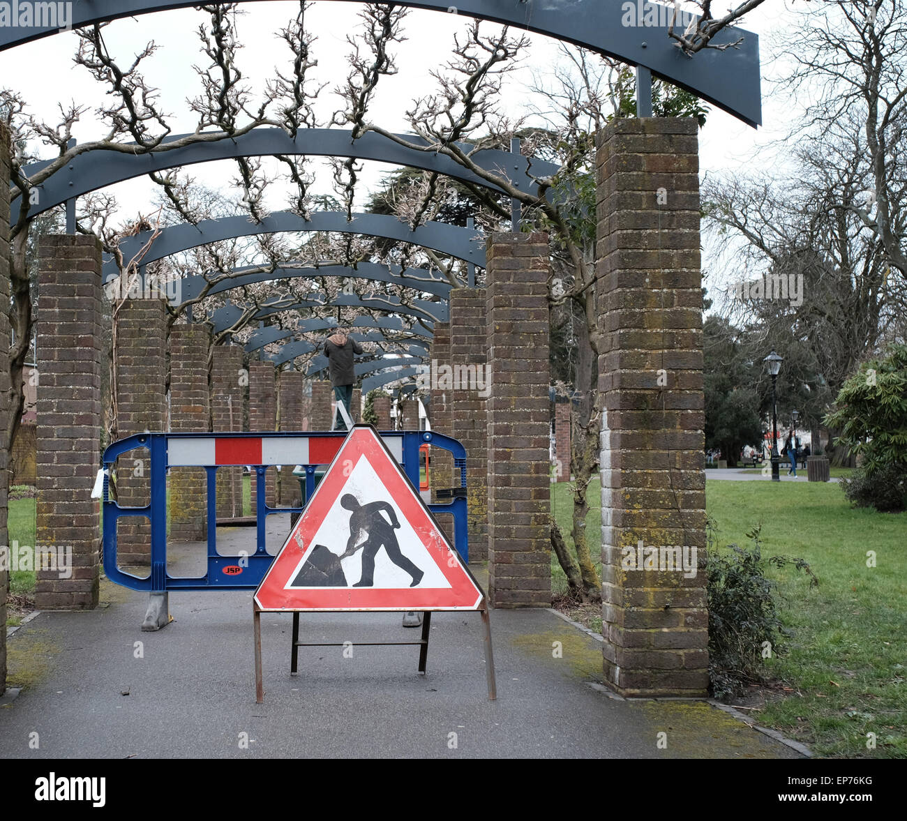 Männer bei der Arbeit Zeichen setzen Glyzinien Blüten in Southampton Park pergola Stockfoto