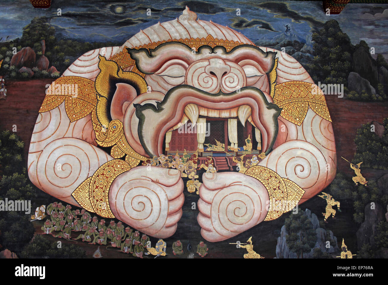 Thai Wandmalerei In der Phra Rabiang (Galerie) im Wat Phra Kaeo (Tempel des Smaragd-Buddha), Bangkok Stockfoto