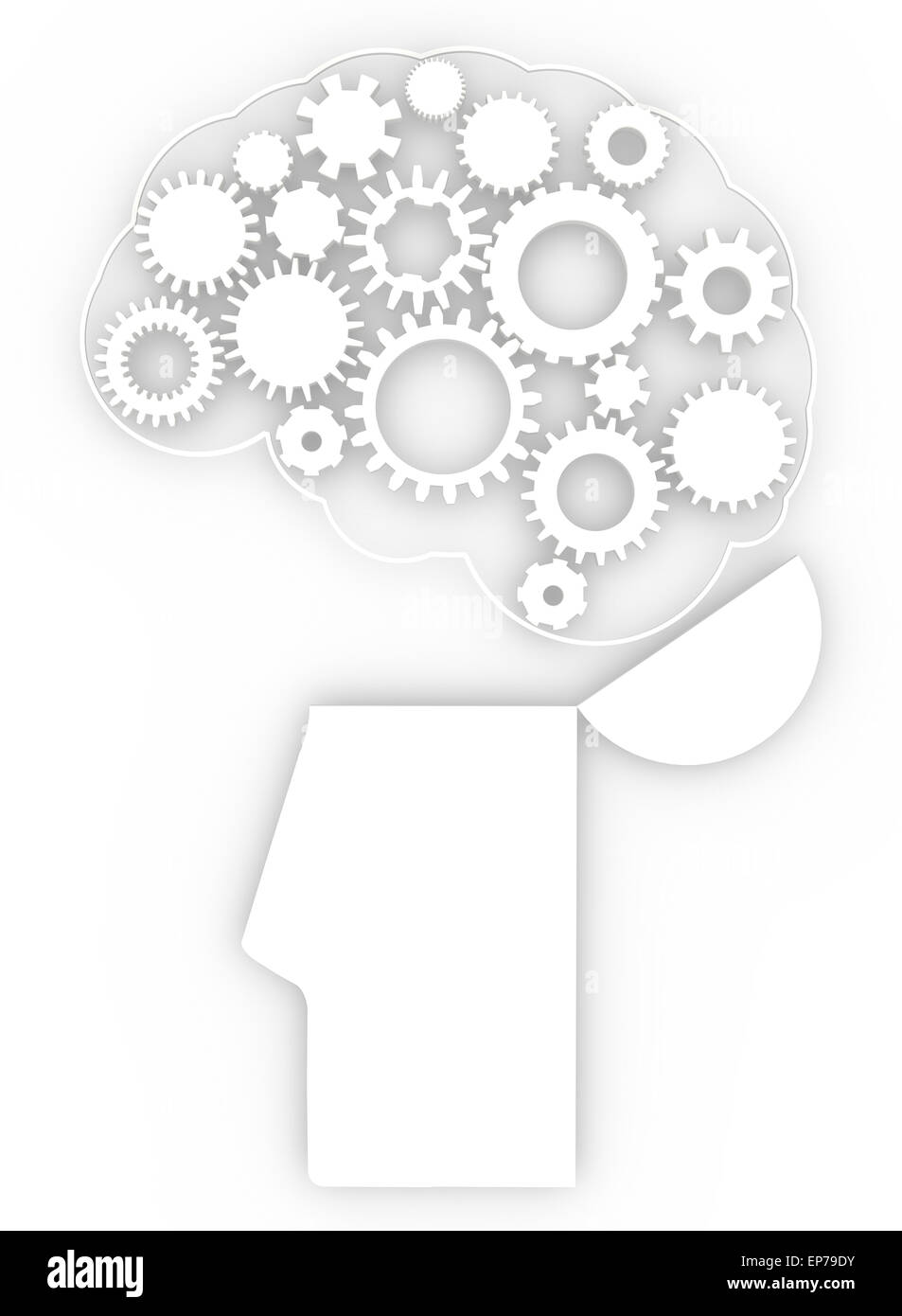 Rädchen in der Form des menschlichen Gehirns aus Müll im Kopf. Konzept Stockfoto