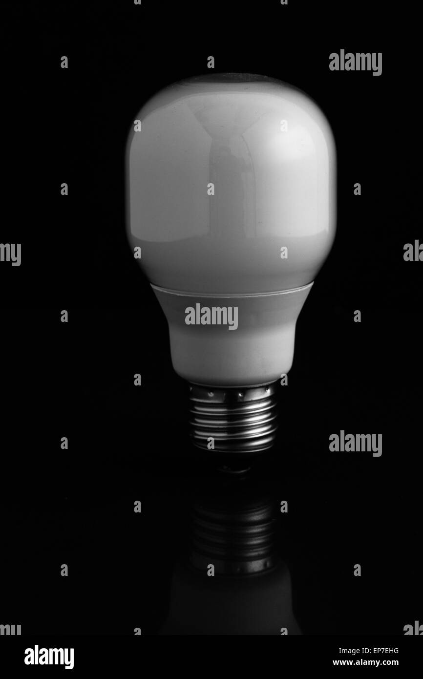 Energiesparende Glühbirne stehend auf schwarzem Hintergrund Stockfoto