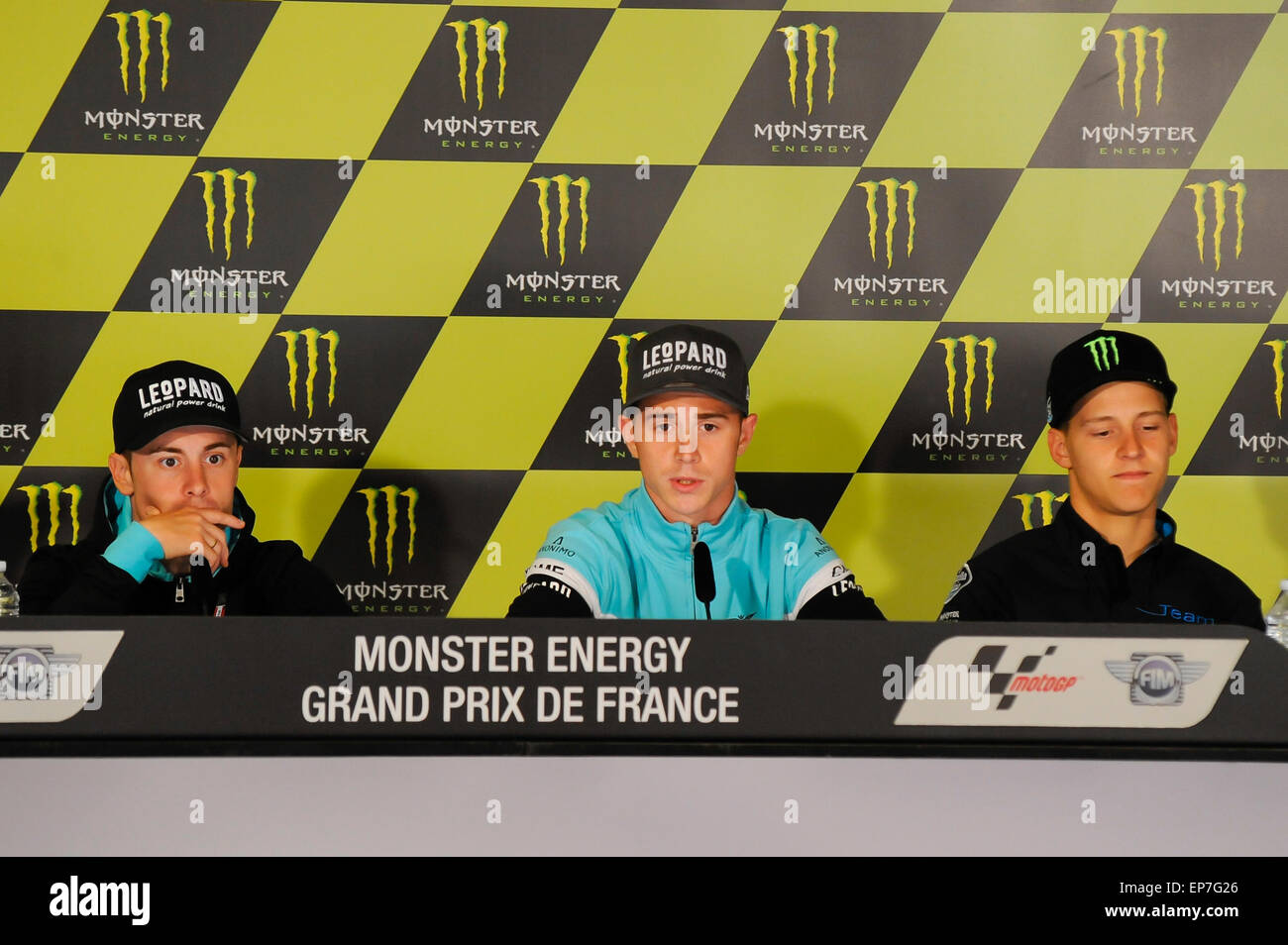 Le Mans, Frankreich. 14. Mai 2015. MotoGP Grand Prix de France Pressekonferenz. Efren Vasquez, Danny Kent und Fabio Quartararo während der Pressekonferenz am Bugatti Circuit. Bildnachweis: Aktion Plus Sport/Alamy Live-Nachrichten Stockfoto