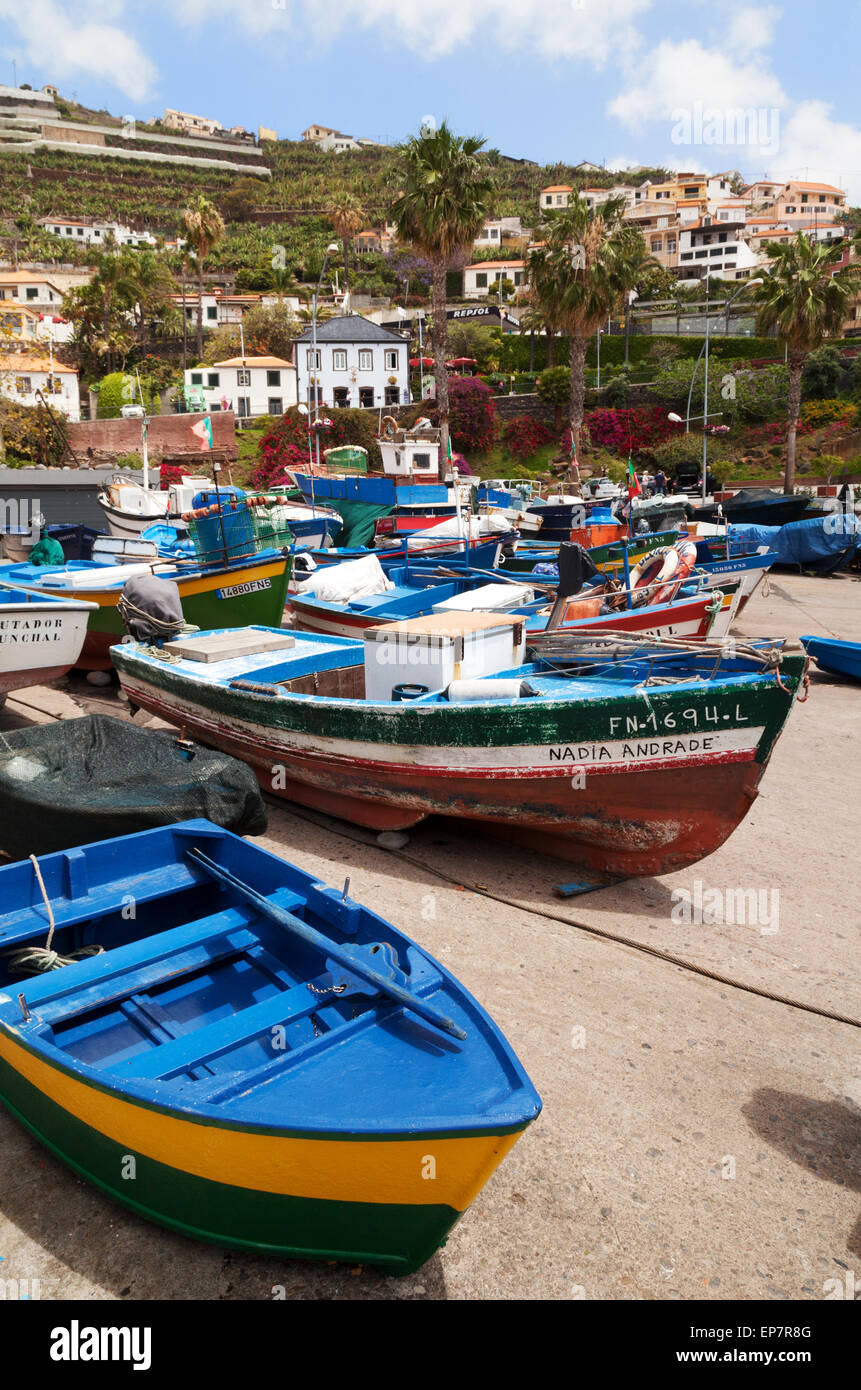 Bunte Fischerboote im Hafen, Camara de Lobos Dorf Madeira Europa Stockfoto