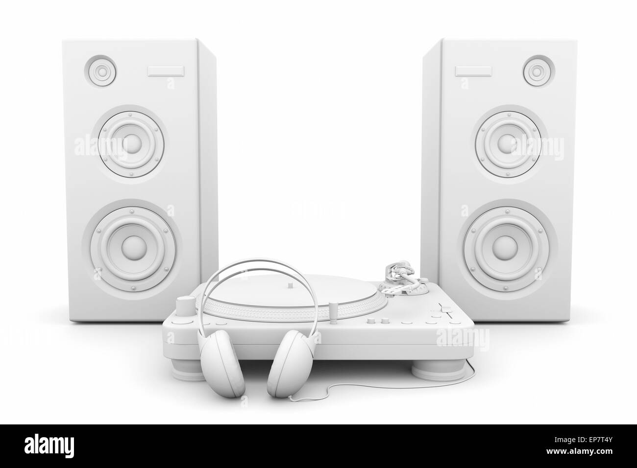 Plattenspieler, Kopfhörer und Lautsprecher auf weißem Hintergrund Stockfoto