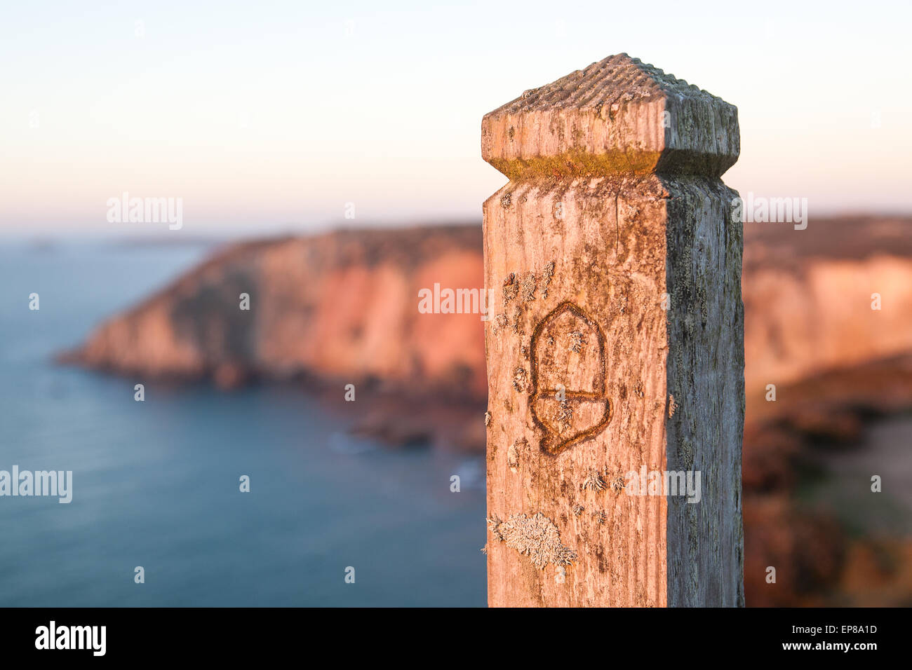 Wegweiser bei Sonnenuntergang auf der South West Coast Path, Großbritanniens längsten Wanderweg und ein National Trail, wie durch die Eichel Symbol n Stockfoto