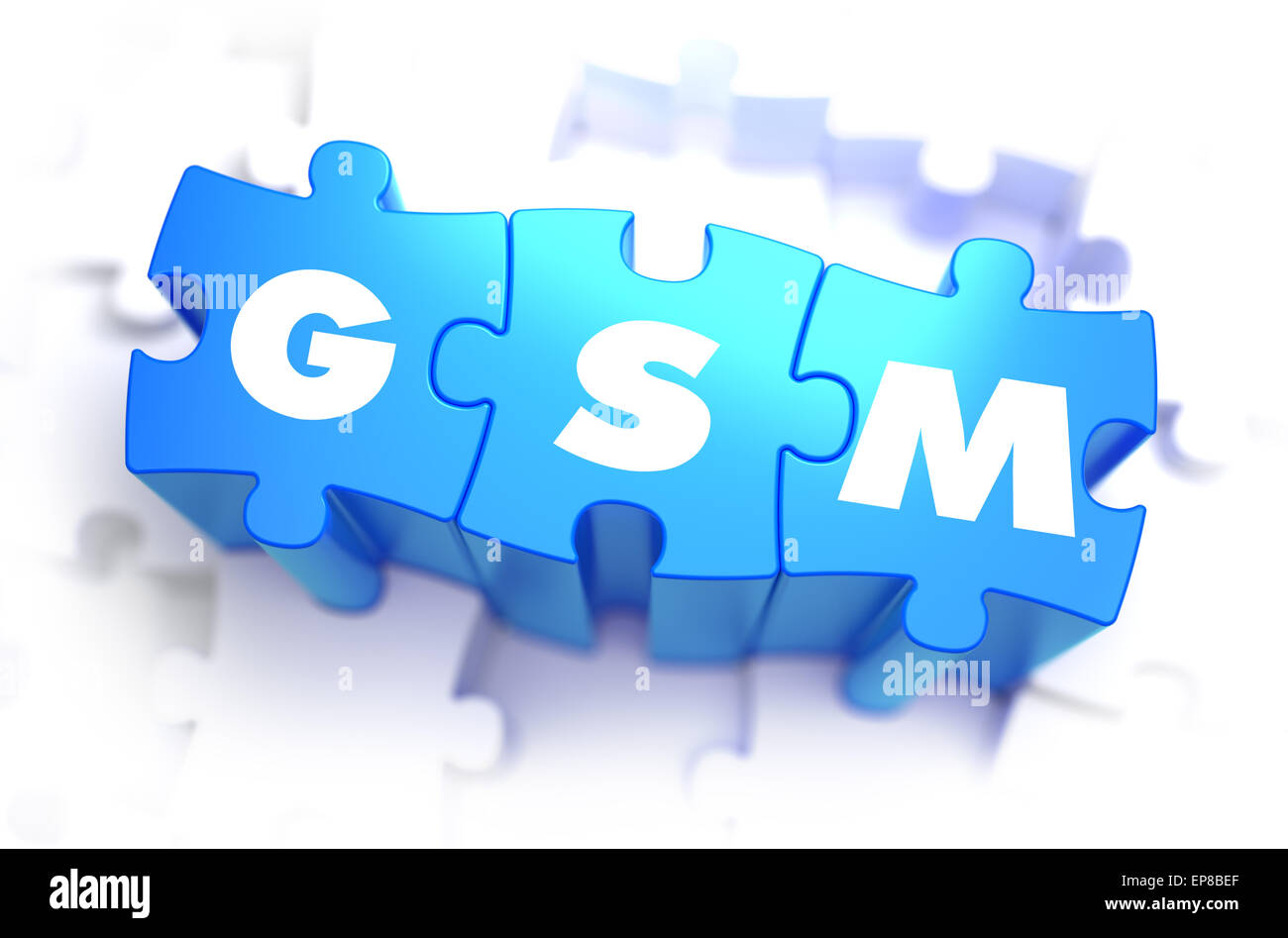 GSM - Global System for Mobile Communications - weiß Wort auf blauen Rätsel auf weißem Hintergrund. 3D Illustration. Stockfoto