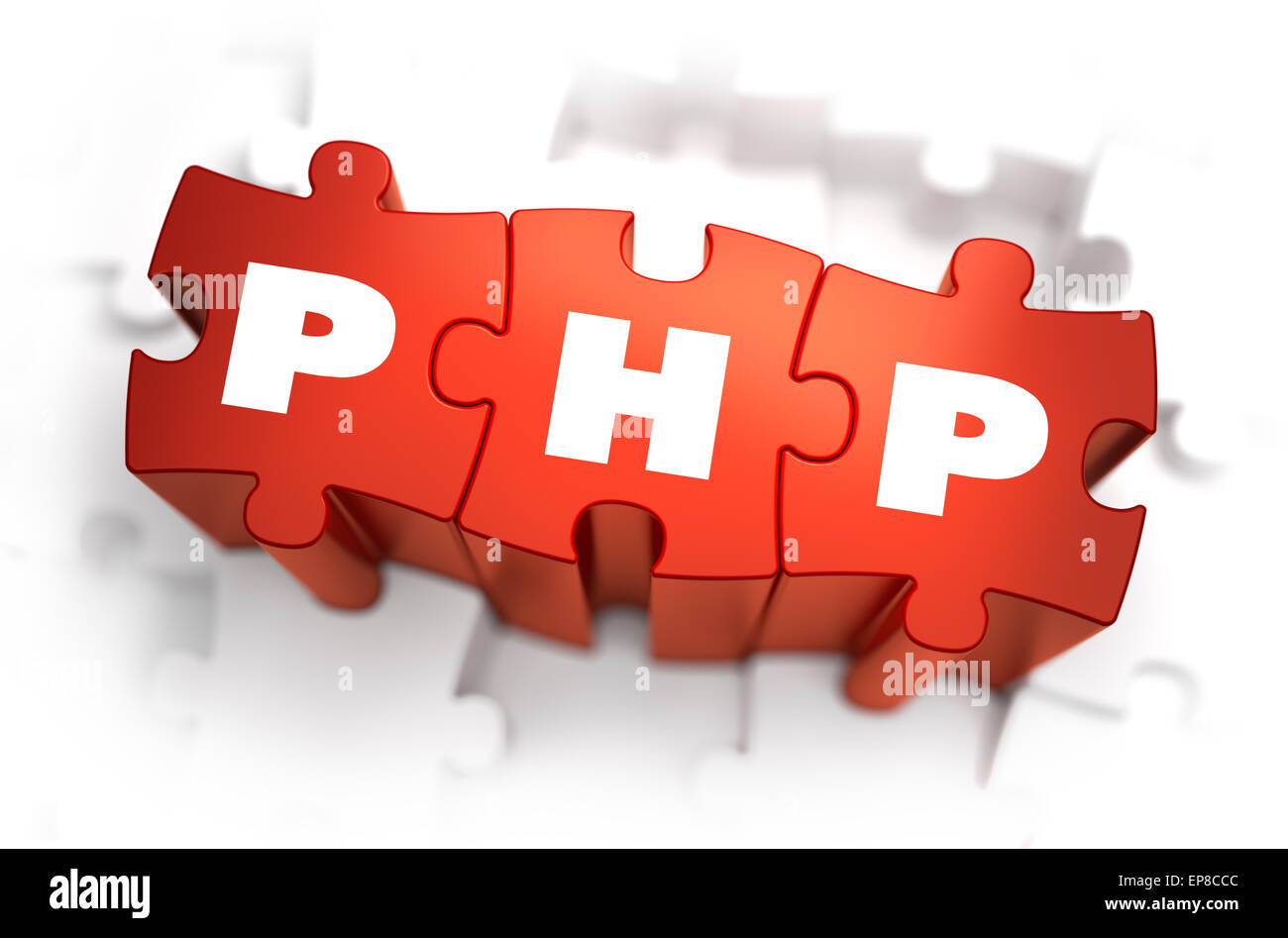 PHP - Hypertext-Präprozessor - weiß Word auf rote Rätsel auf weißem Hintergrund. 3D Render. Stockfoto