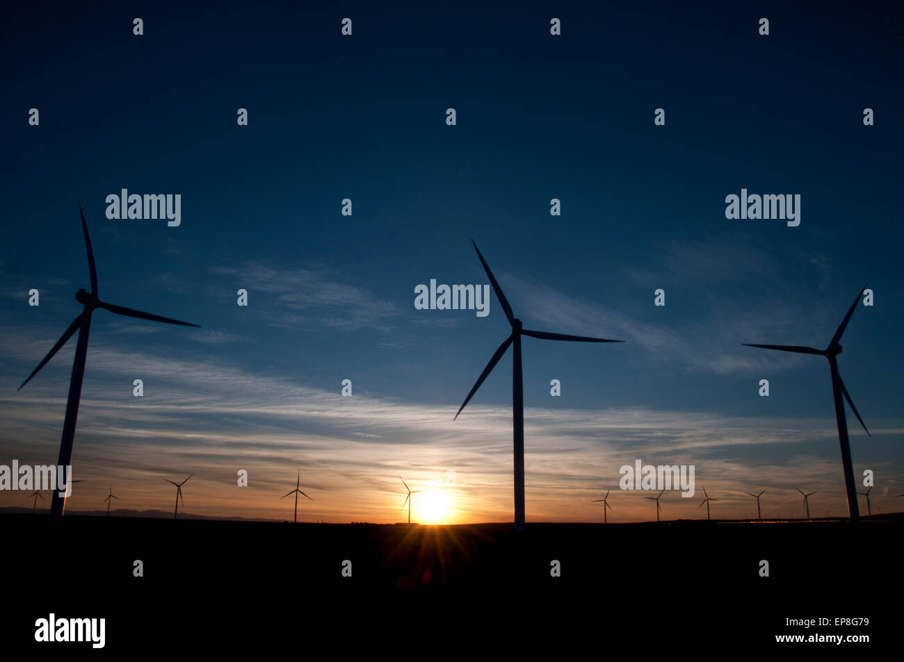 Windenergieanlagen bei Sonnenuntergang in SW in Idaho Stockfoto