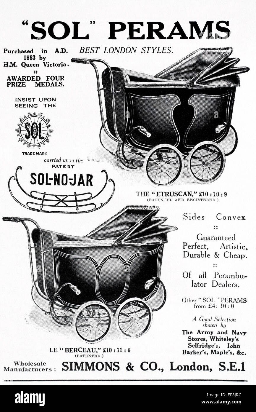 1920 / 1930 Anzeige für "Sol" Kinderwagen aus dem englischen "Häuser & Gärten" Magazin Baby. Stockfoto