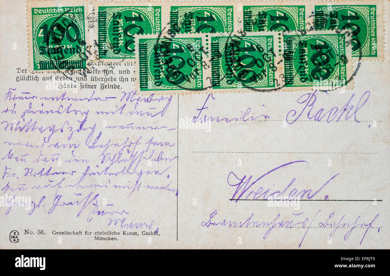 1923 deutsche Postkarte mit 800.000 markiert Hyperinflation Porto - Deutschland. Stockfoto