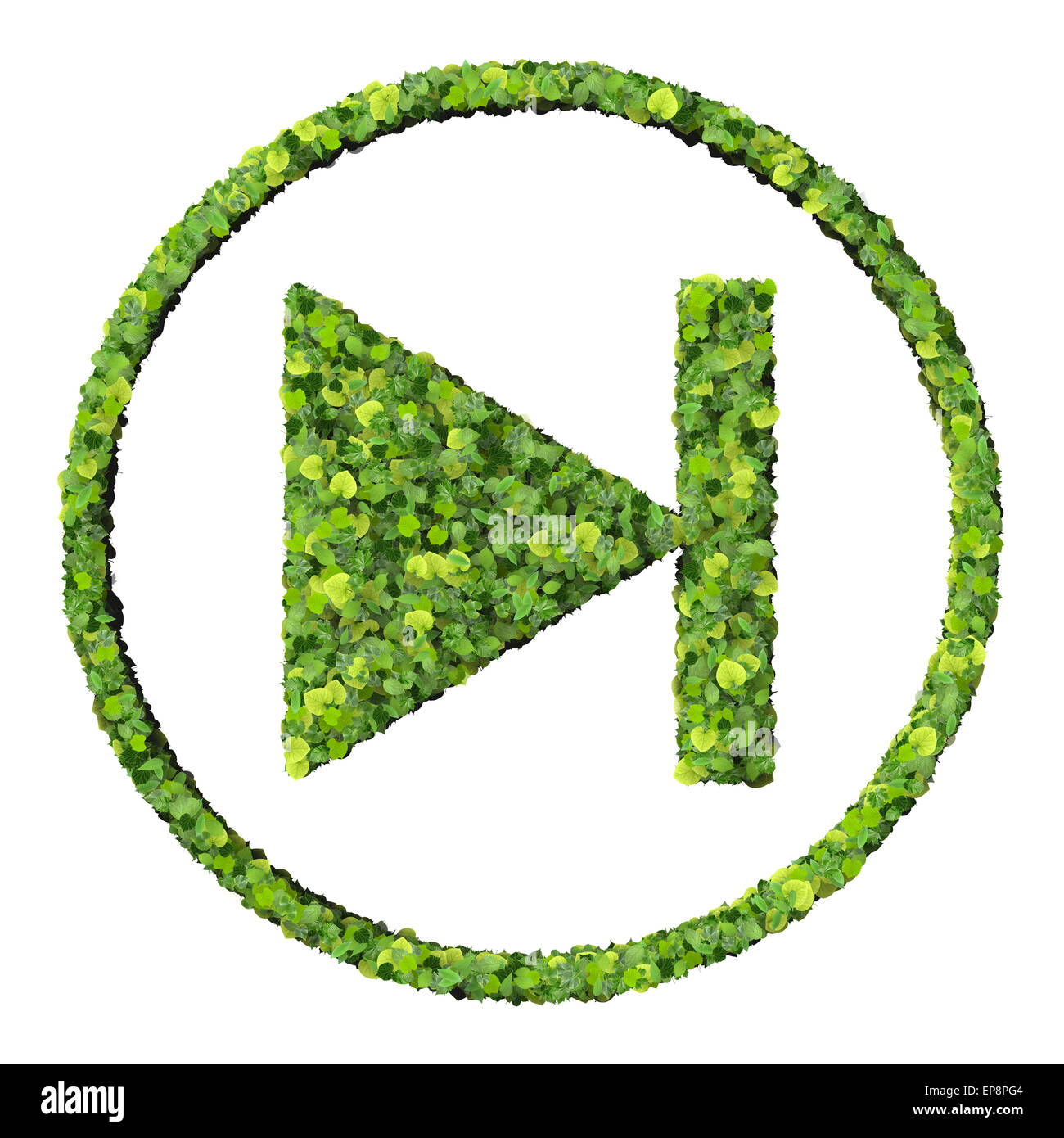 Mediensteuerung Schritt rückwärts / vorwärts-Symbol, hergestellt aus grünen Blättern, die isoliert auf weißem Hintergrund. 3D Render. Stockfoto