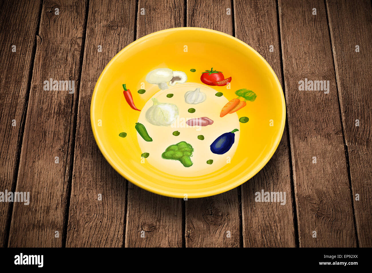 Bunte Platte mit Hand gezeichnet, Symbole, Symbole, Gemüse und Obst ...