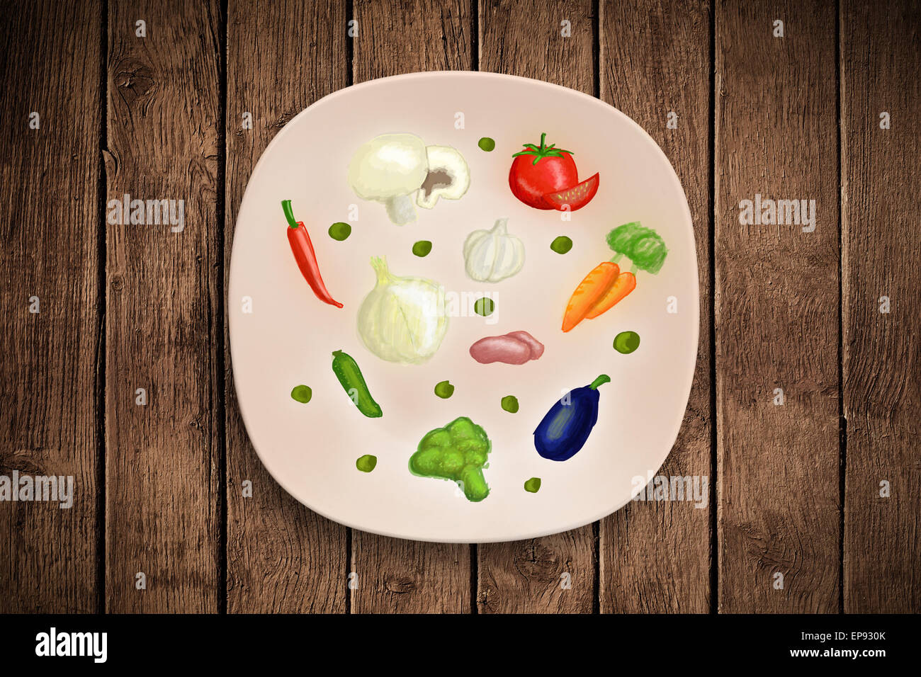 Bunte Platte mit Hand gezeichnet, Symbole, Symbole, Gemüse und Obst ...