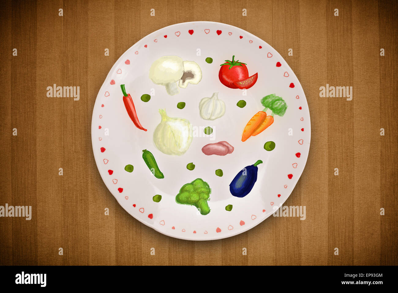Bunte Platte mit Hand gezeichnet, Symbole, Symbole, Gemüse und Obst ...