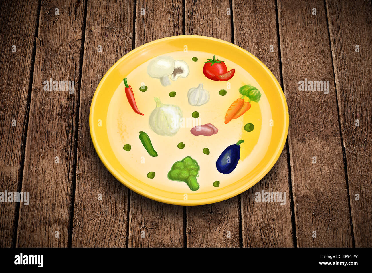Bunte Platte mit Hand gezeichnet, Symbole, Symbole, Gemüse und Obst ...
