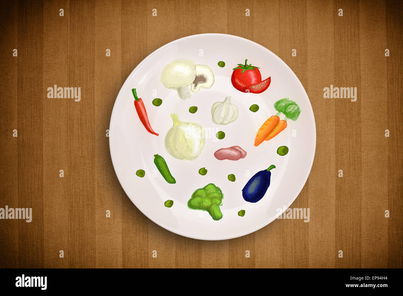 Bunte Platte mit Hand gezeichnet, Symbole, Symbole, Gemüse und Obst ...