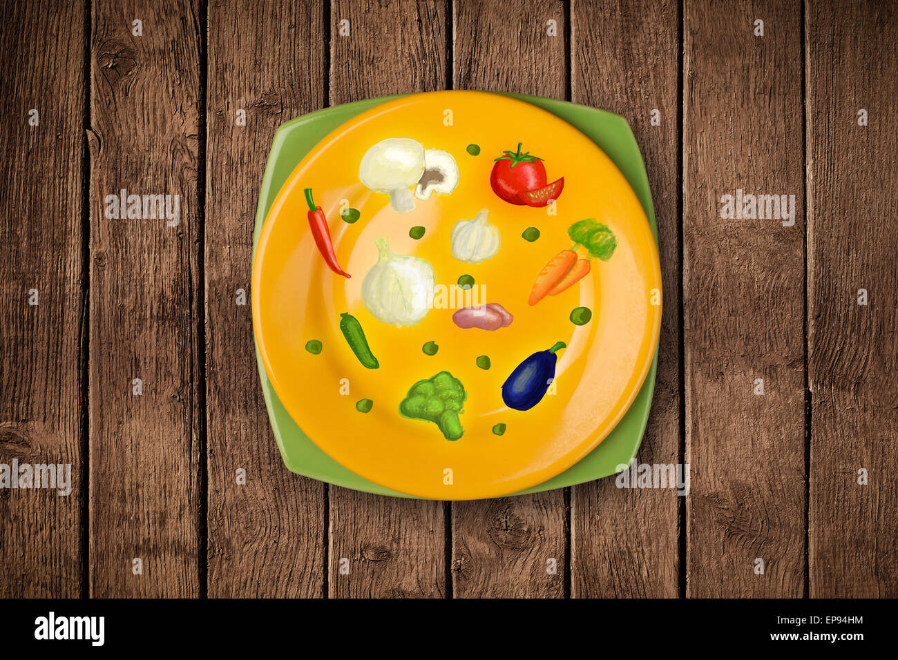 Bunte Platte mit Hand gezeichnet, Symbole, Symbole, Gemüse und Obst ...