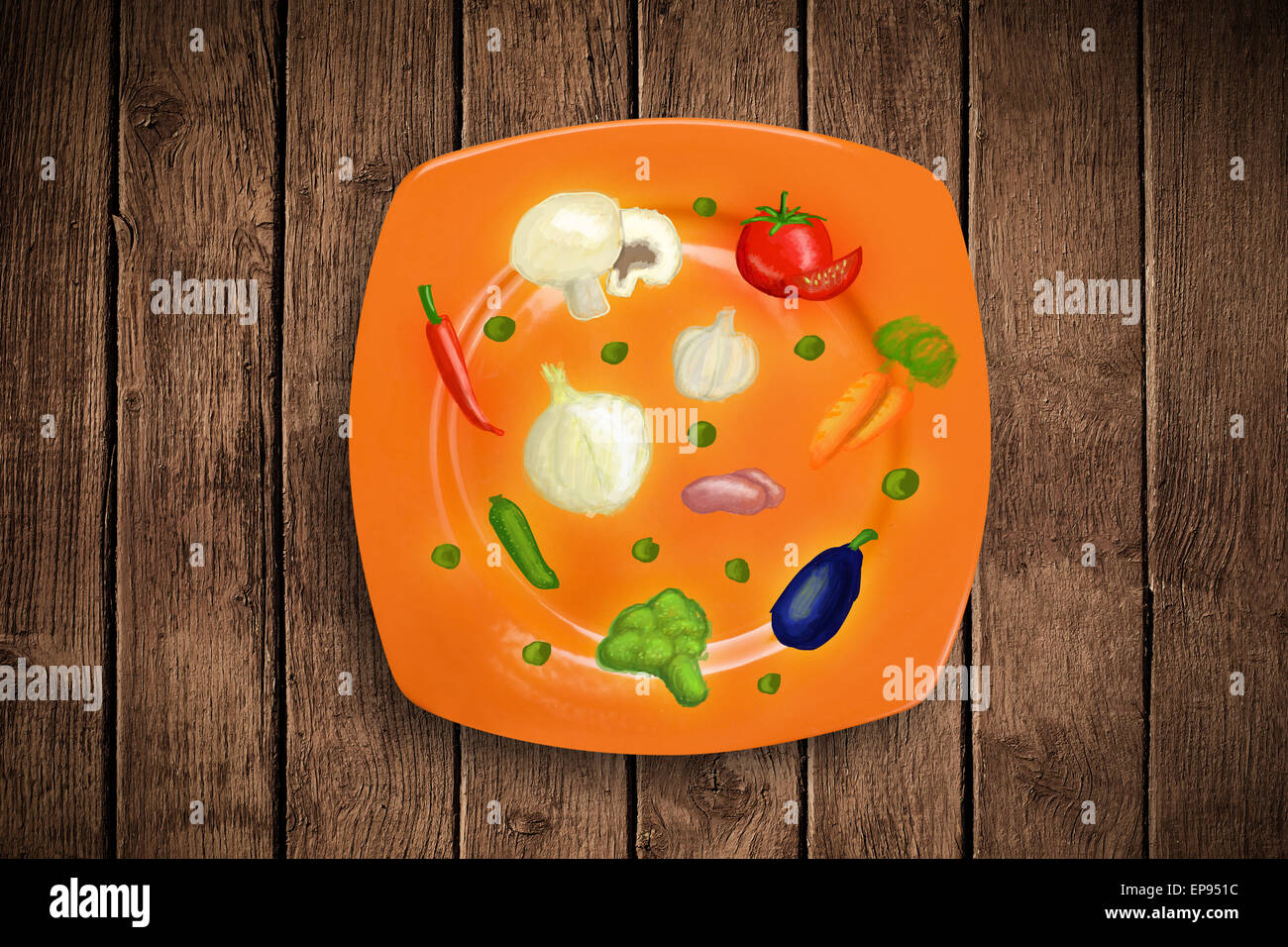Bunte Platte mit Hand gezeichnet, Symbole, Symbole, Gemüse und Obst ...