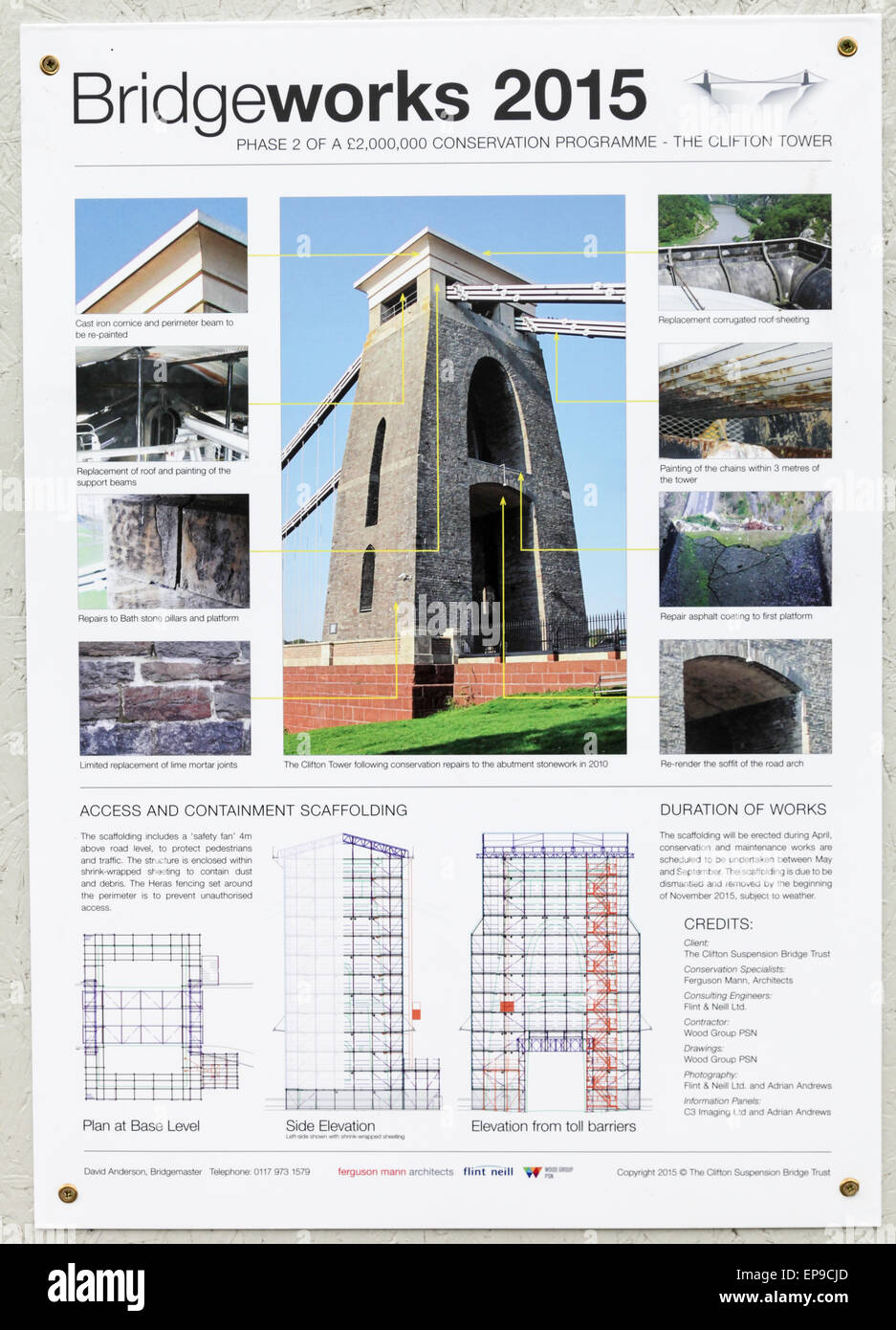 Ein Plakat in 2015 zum Clifton Turm der Clifton Suspension Bridge durchgeführte Wartung & Reparatur Arbeiten zu beschreiben. Stockfoto