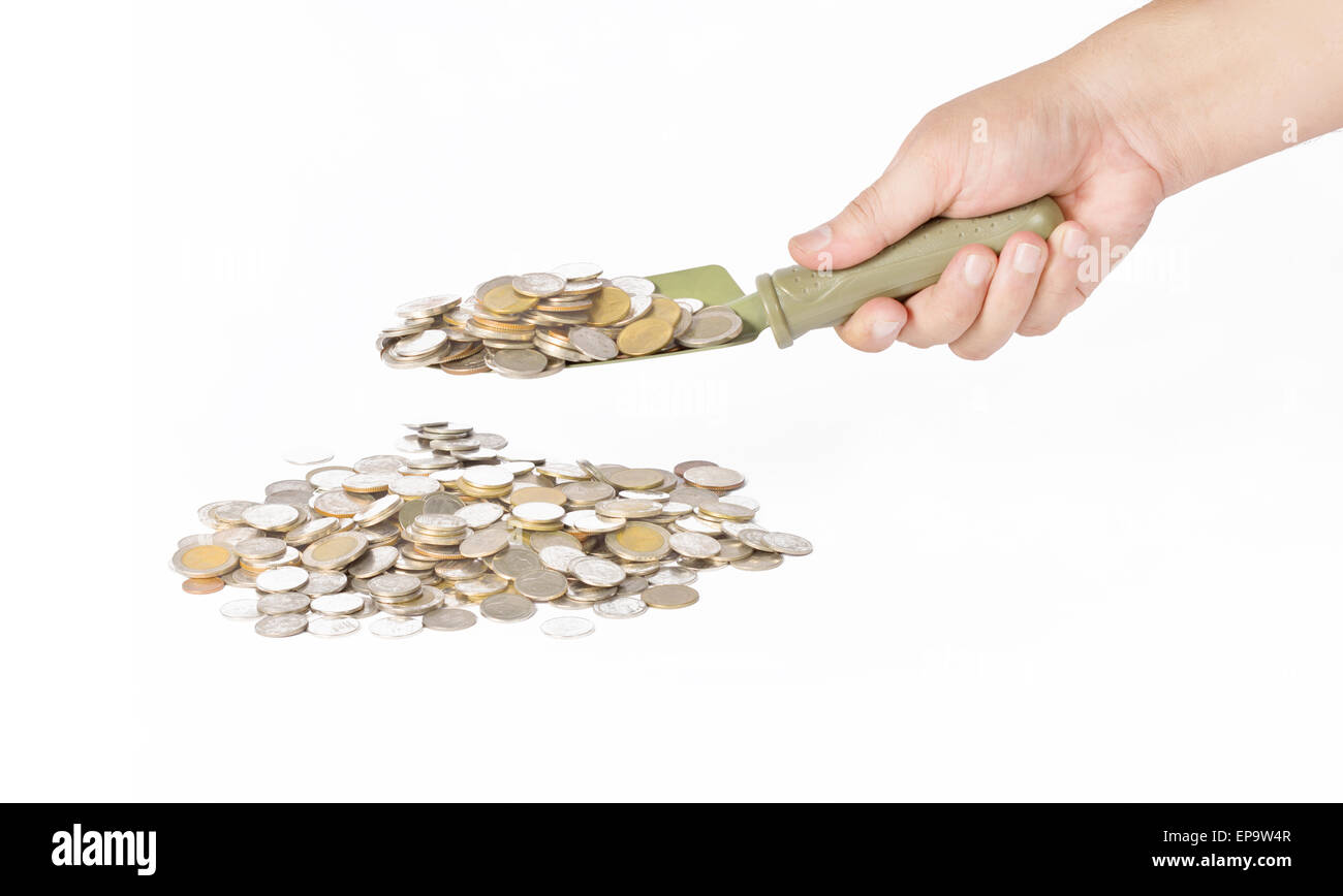 Hand halten Kelle Schaufel Geld Münze Stockfoto