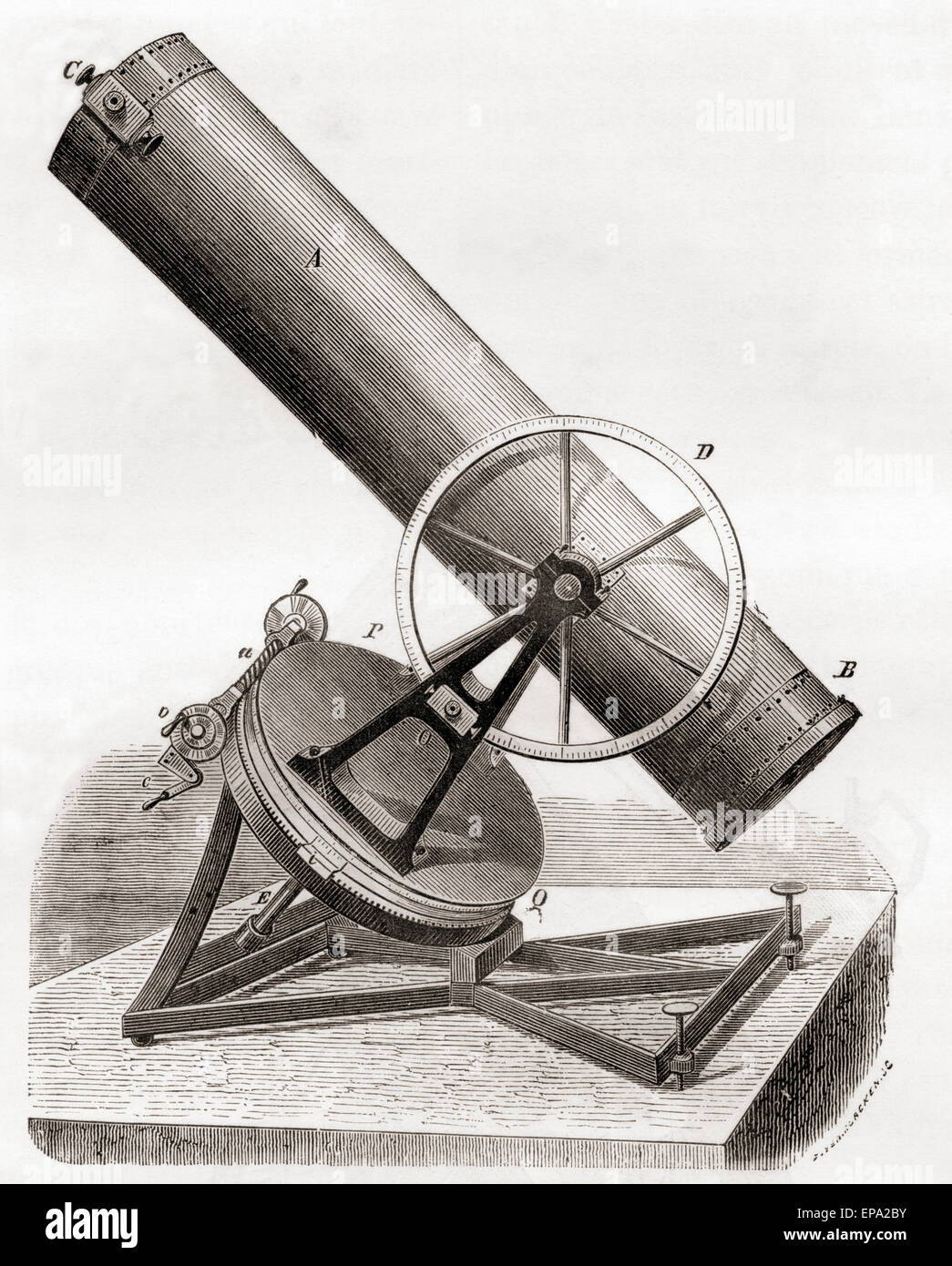 Jean Bernard Léon Foucault Spiegel Spiegelteleskop auf einer parallaktischen Montierung. Nach einer Zeichnung des 19. Jahrhunderts. Stockfoto