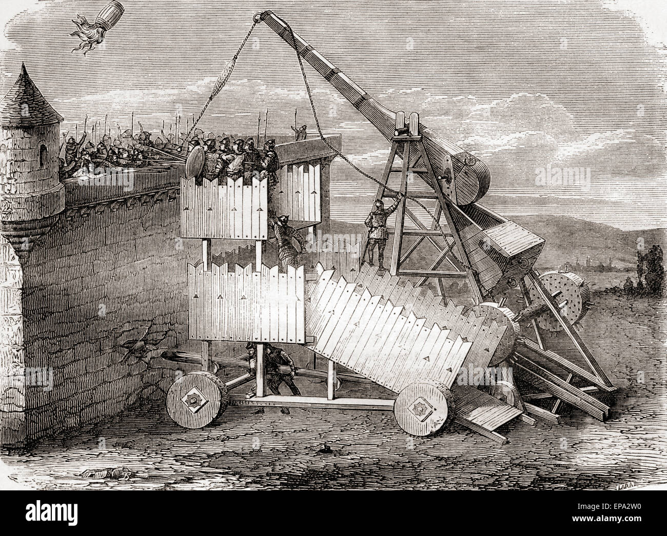 Eine Trebuchet.  Eine Art Katapult, das als eine Belagerungsmaschine im Mittelalter verwendet wurde. Stockfoto