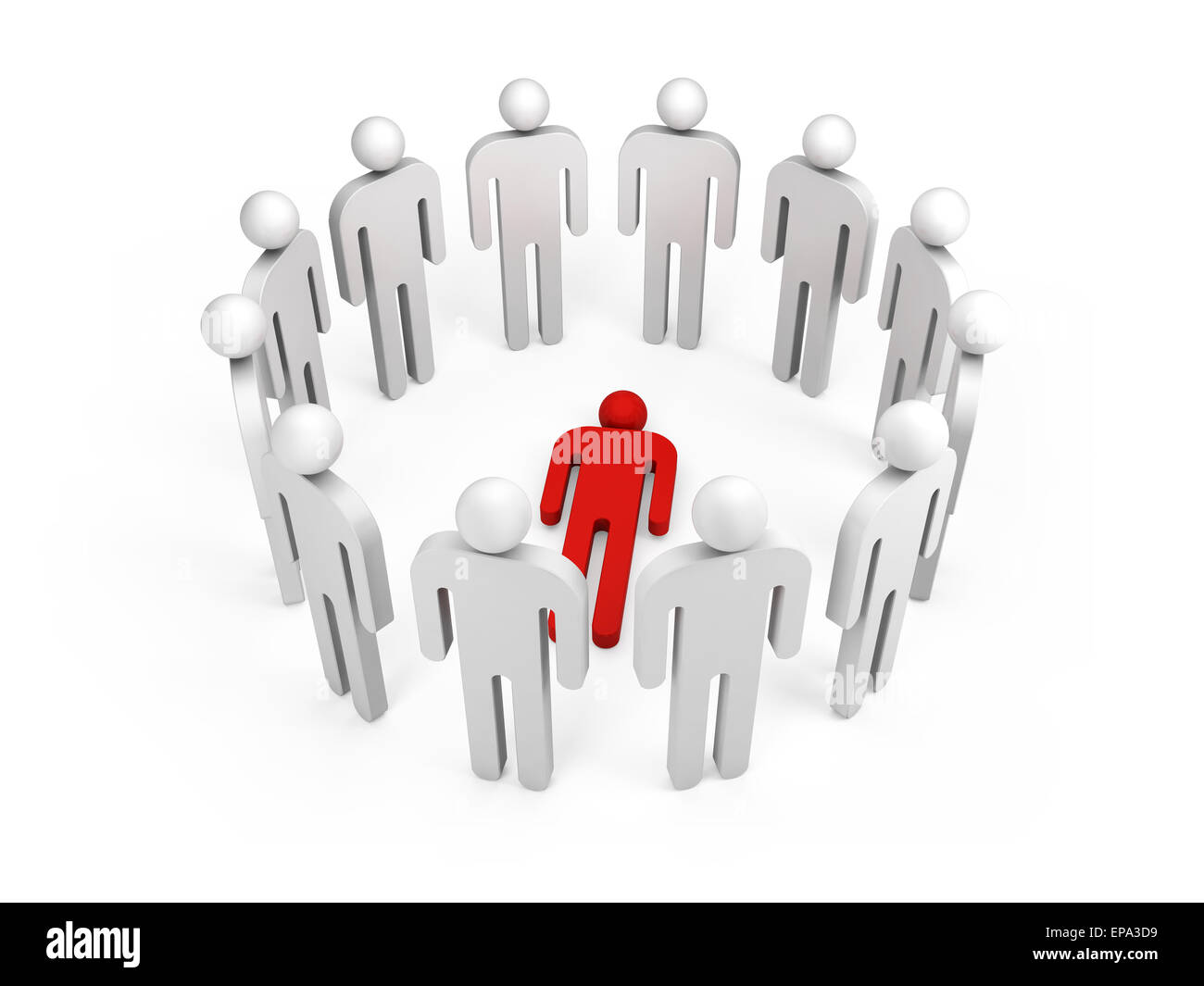 Zwölf abstraktere weiße 3d Menschen stehen im Ring mit einem roten liegenden Person innen auf weiß isoliert Stockfoto