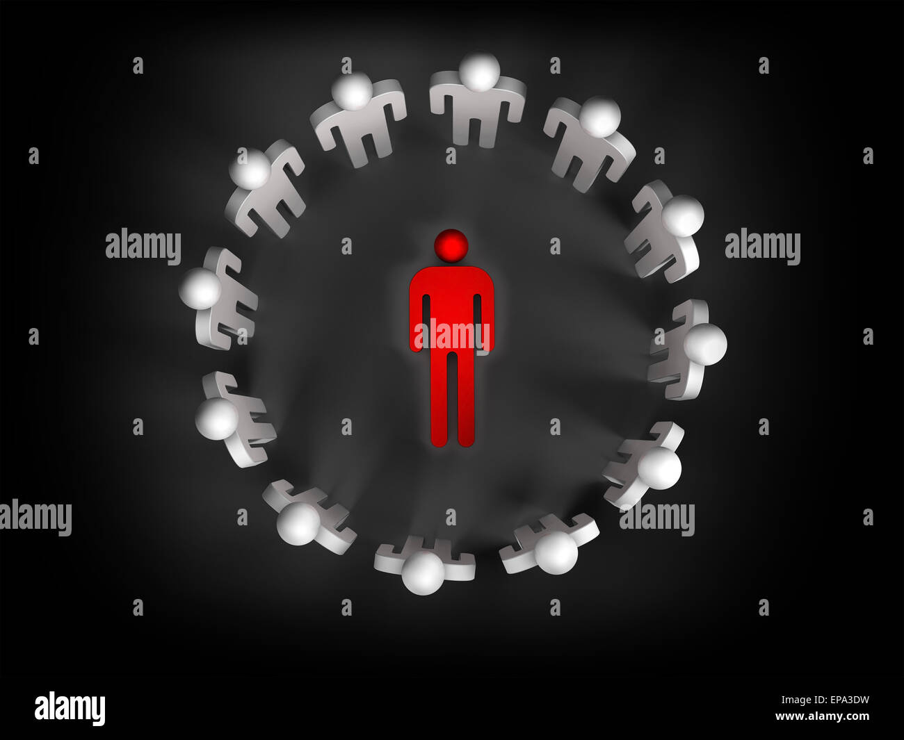 Zwölf abstraktere weiß 3d Personen stehen im Ring mit einem roten liegenden Person innen, Abbildung, isoliert auf schwarz, Top Aussicht Stockfoto