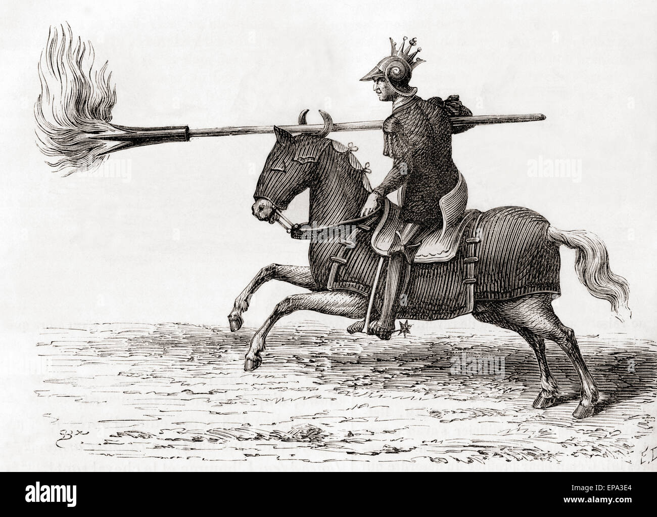 Ein mittelalterlicher Ritter mit einem Feuer Lanze oder Speer Feuer, eines der ersten Schießpulverwaffen in der Welt. Stockfoto