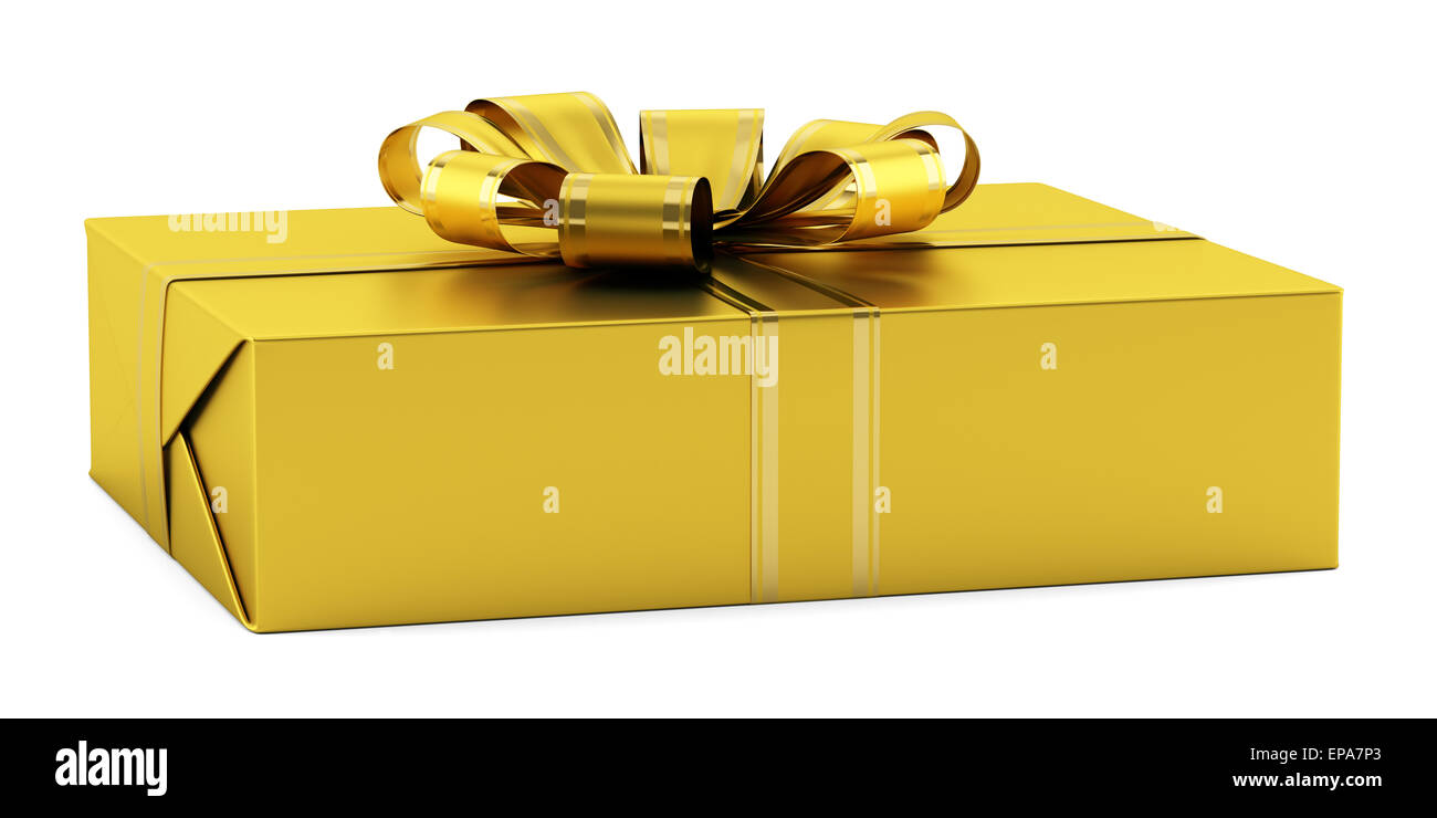 gelbe Geschenkbox mit goldenen Band isoliert Stockfoto
