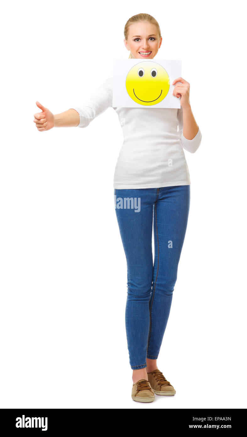 Junges Mädchen in Jeans mit Lächeln Plakat isoliert Stockfoto