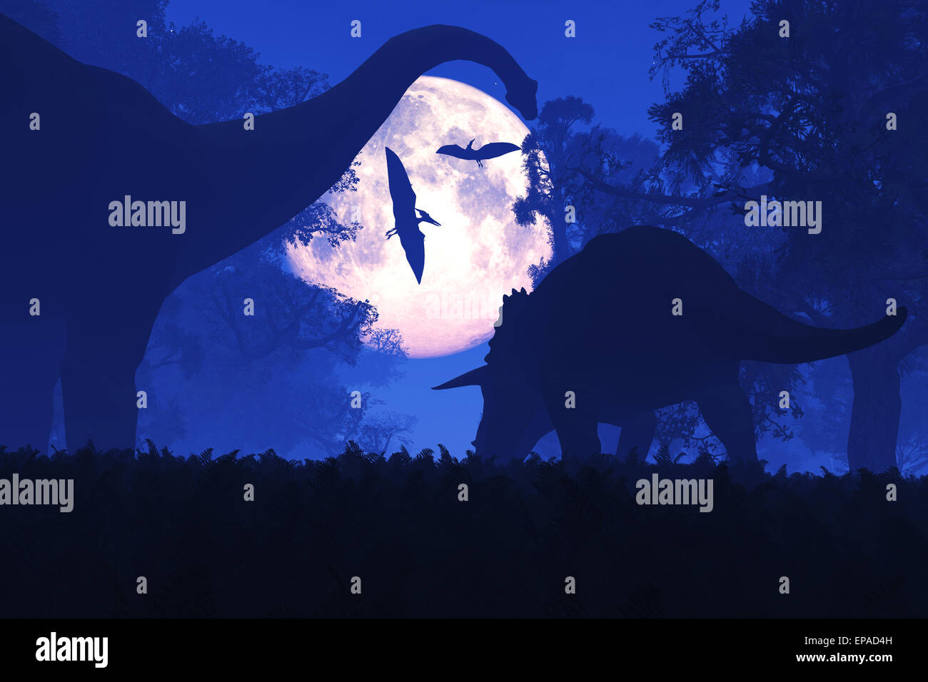 Dinosaurier im prähistorischen Urwald in der Nacht im Mondschein Stockfoto