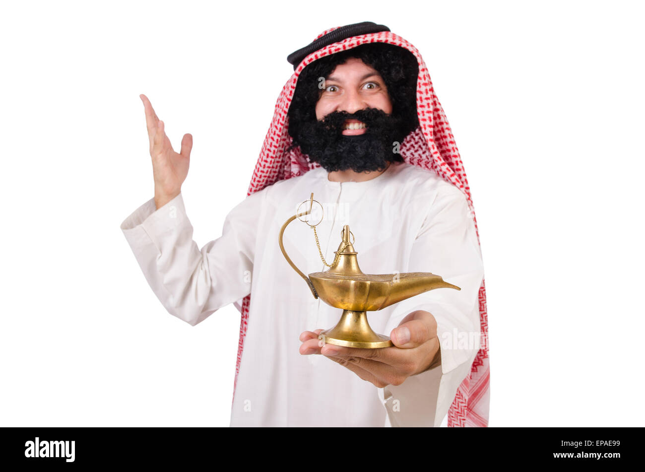 Lustige Arabische Mann mit Lampe isoliert auf weiss Stockfotografie Alamy