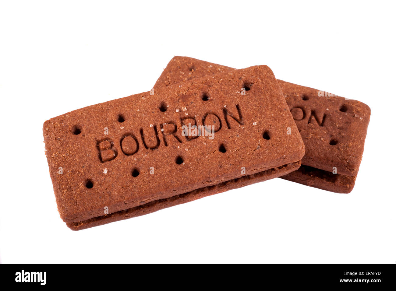 Bourbon-Kekse über einen weißen Hintergrund. Stockfoto