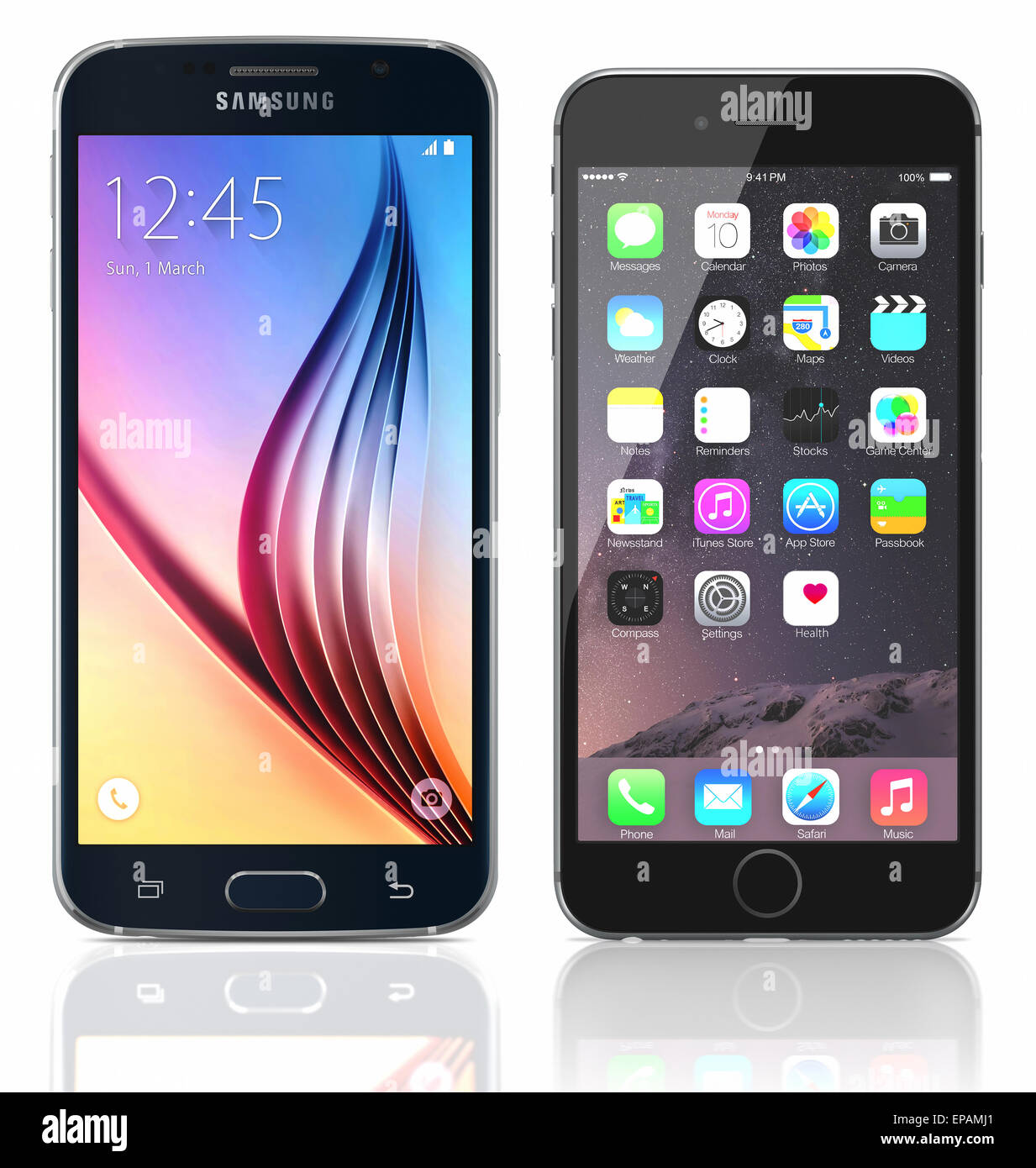 Black Sapphire Samsung Galaxy S6 und schwarzes Apple iPhone 6 auf weißem Hintergrund. Stockfoto