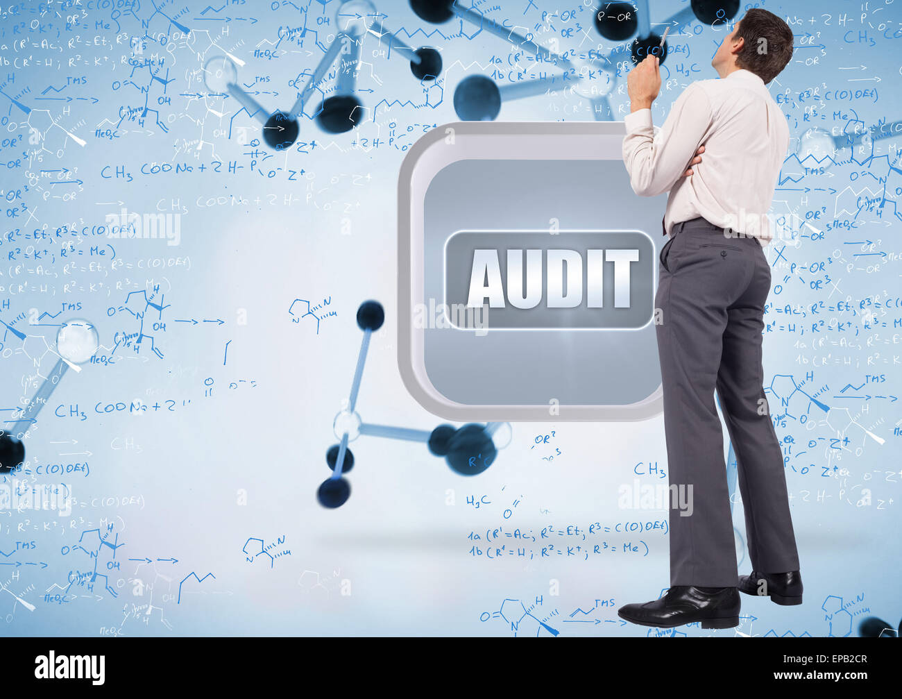 Zusammengesetztes Bild des Denkens Geschäftsmann hält Stift Stockfoto