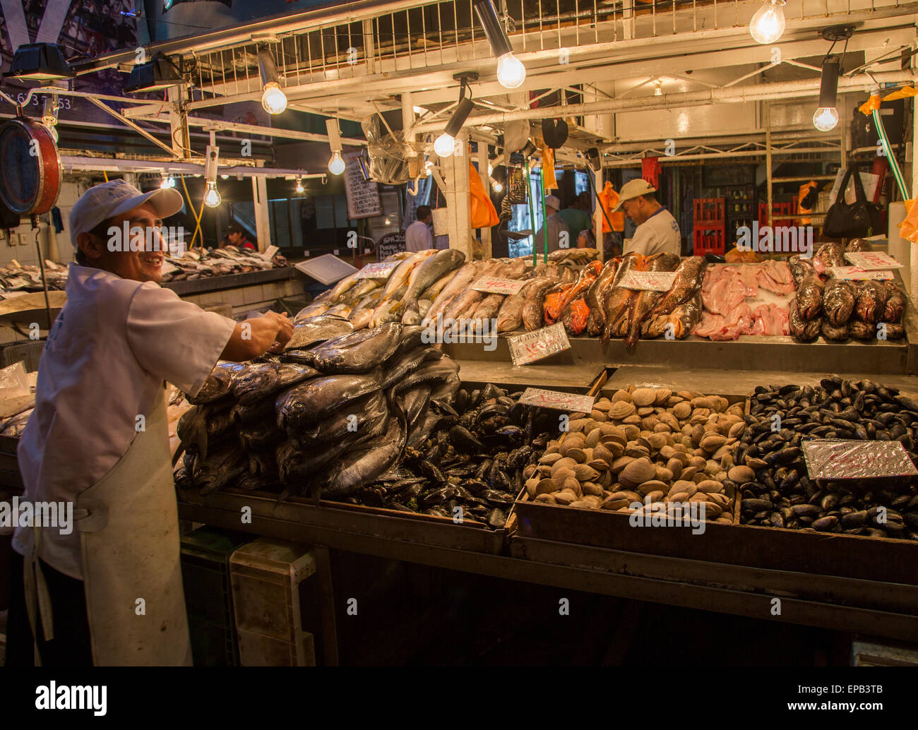Fisch-Verkäufer im Mercado Central de Santiago, Chile Stockfoto