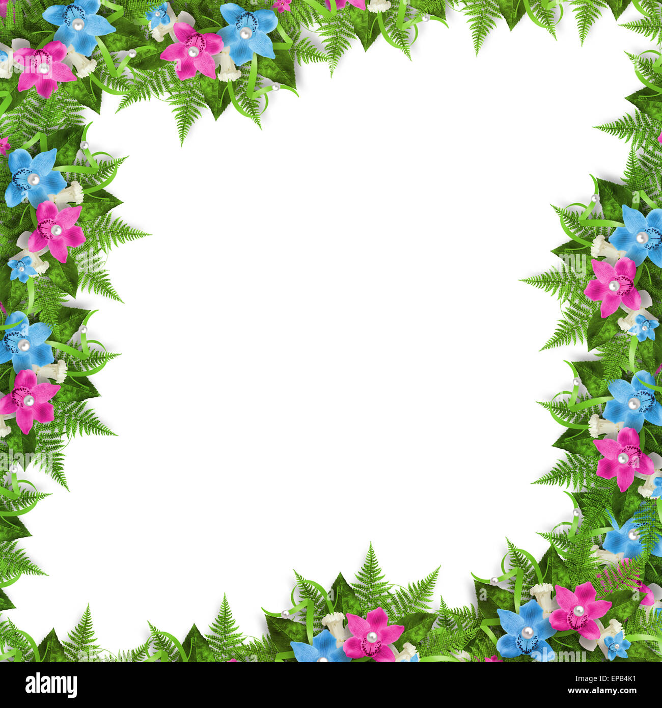 Karte für die Einladung oder Glückwunsch mit blau und rosa Orchideen Stockfoto