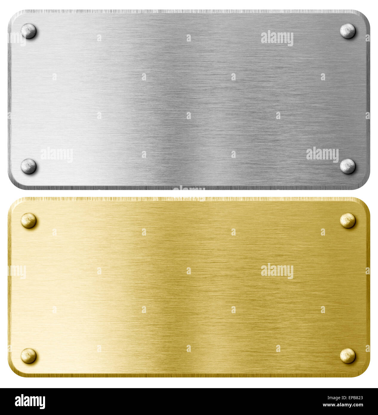 Gold oder Messing Metallplakette mit Nieten isoliert Stockfoto